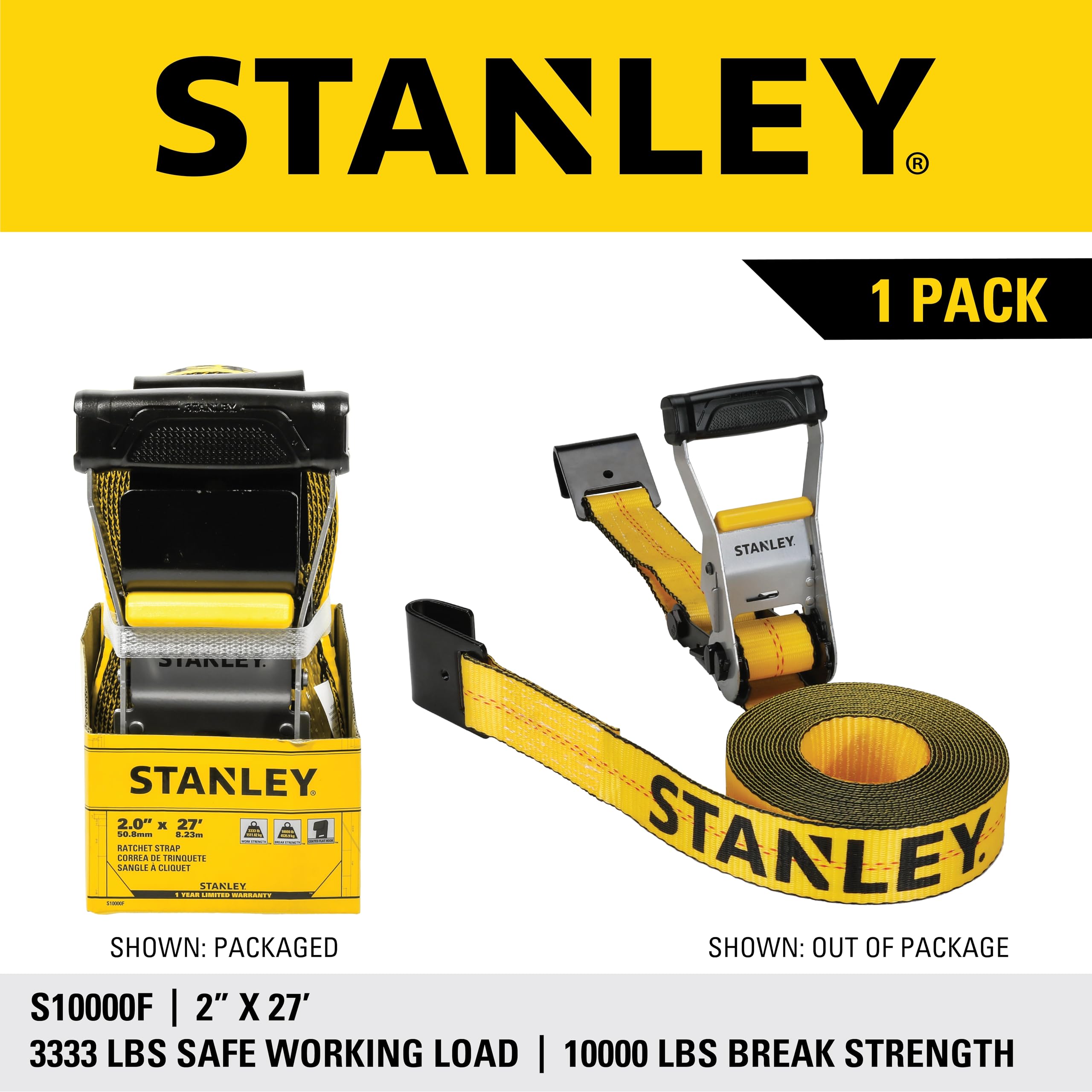 STANLEY S1007 Black/Yellow 1.5" x 16' Ratchet Tie Down Straps - 1,100 lb Safe Working Load / 3,300 lb Break Strength, 2 Pack