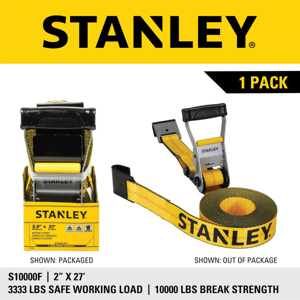 STANLEY S1007 Black/Yellow 1.5" x 16' Ratchet Tie Down Straps - 1,100 lb Safe Working Load / 3,300 lb Break Strength, 2 Pack