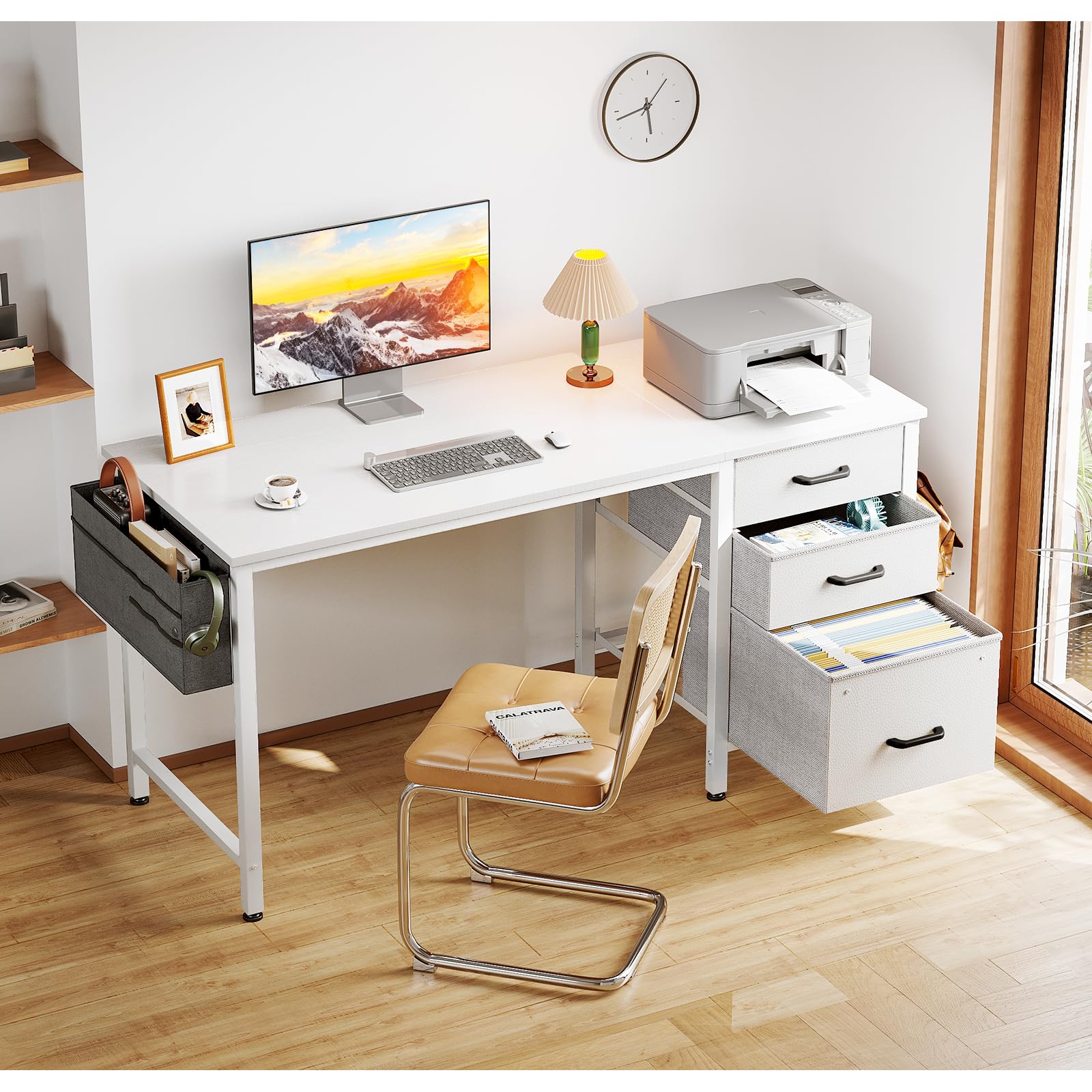 Coleshome Computer Desk with Drawers, 120×48cm Office Desk with Storage, Reversible Small White Desks for Home Office