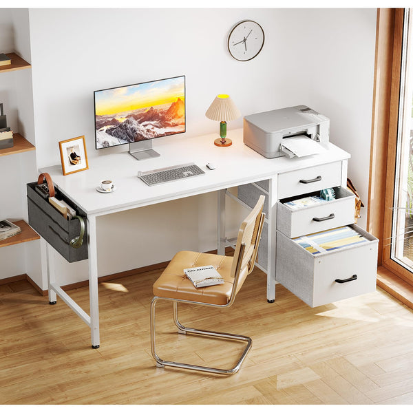 Coleshome Computer Desk with Drawers, 120×48cm Office Desk with Storage, Reversible Small White Desks for Home Office