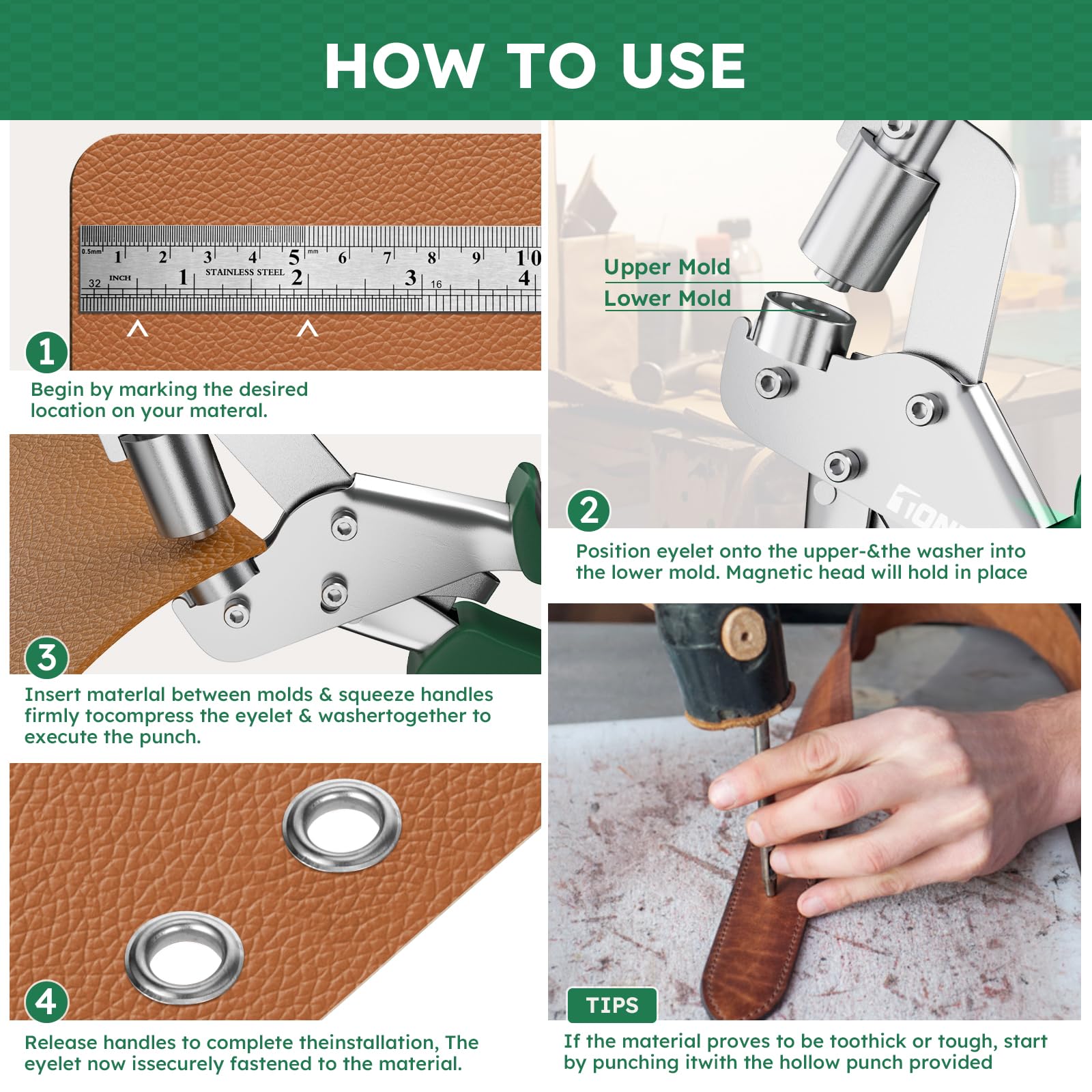 Professional Leather Hole Punch Plier - Tonmifr Heavy Duty 6 Sizes Belt & Watch Band Hole Puncher Tool, Leather Craft Tool for Belts, Handbags, Straps, Precision Ground Punches with Non-Slip Grips