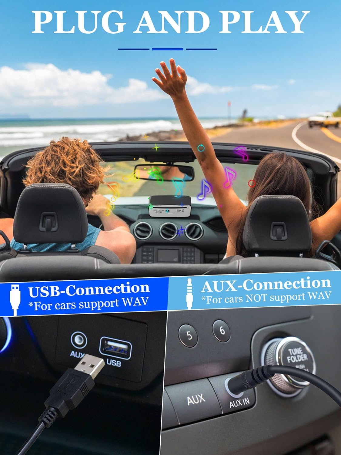 External Universal CD Player for Car - LEHWEY Portable CD Player with Extra USB Extension Cable, Plugs into Car USB Port, Laptop, TV, Mac, Computer, for Android 4.4 and Above Navigation