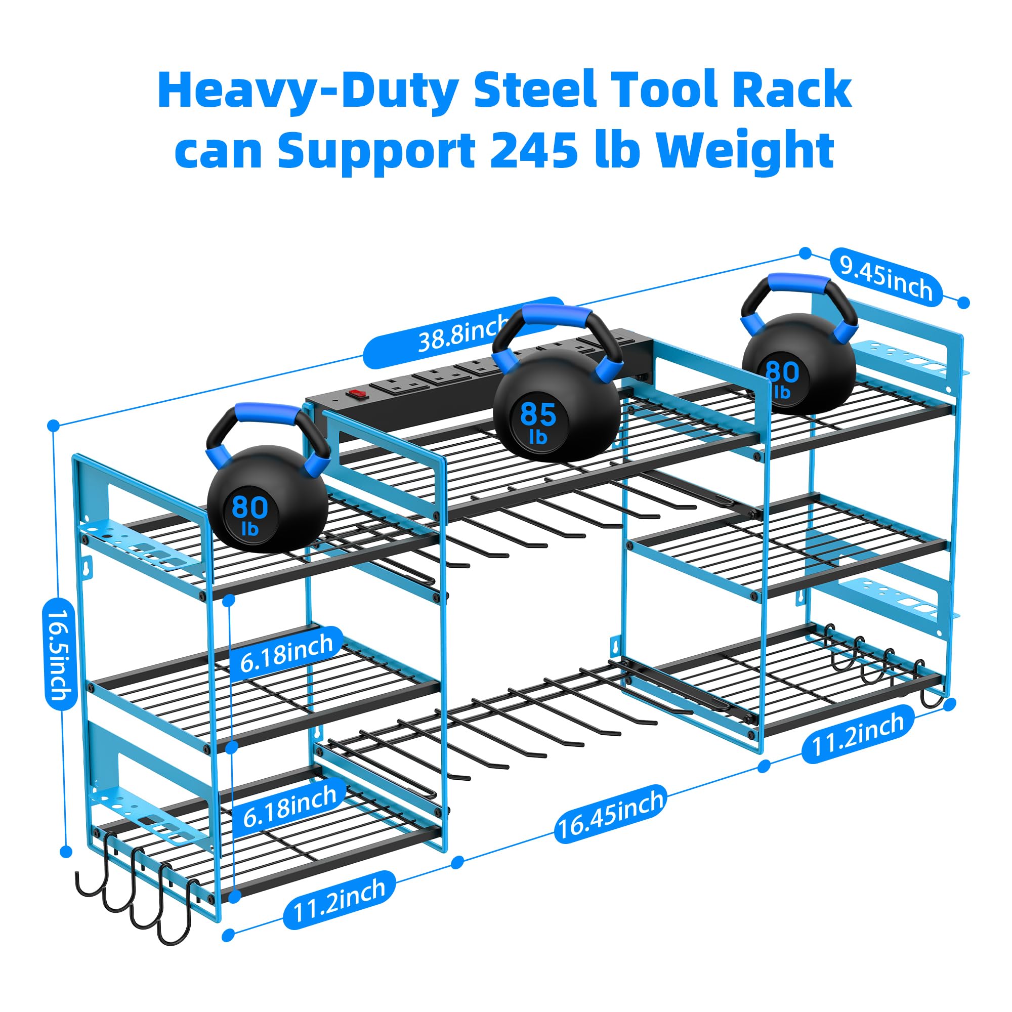 Power Tool Organizer with 6 Way Extension Lead,Large Tools Charging Station,8 Power Drill Tools Heavy Duty Drill Holder Wall Mounted Rack Utility Metal Tool Shelf Storage Organiser for Garage