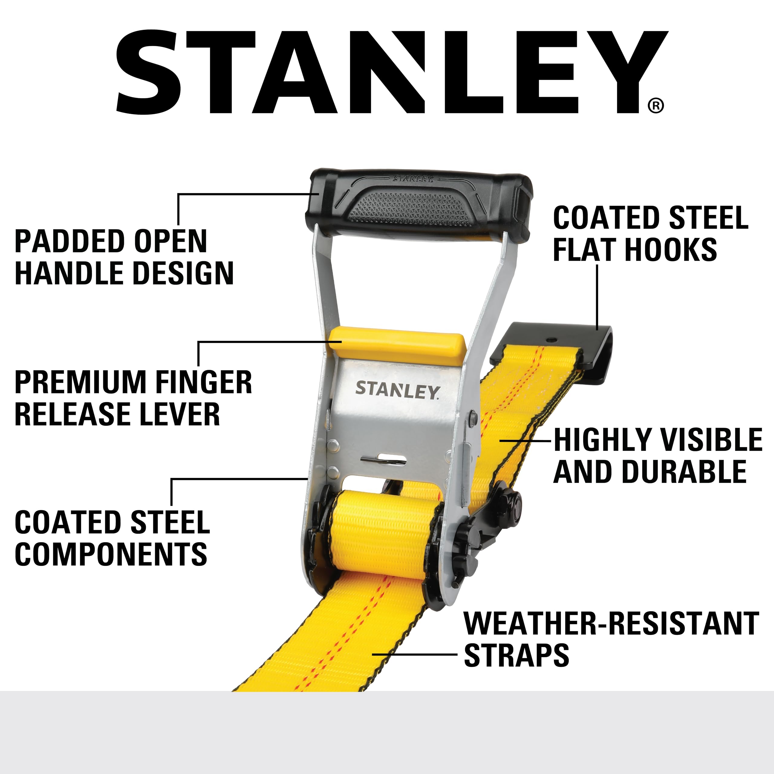 STANLEY S1007 Black/Yellow 1.5" x 16' Ratchet Tie Down Straps - 1,100 lb Safe Working Load / 3,300 lb Break Strength, 2 Pack