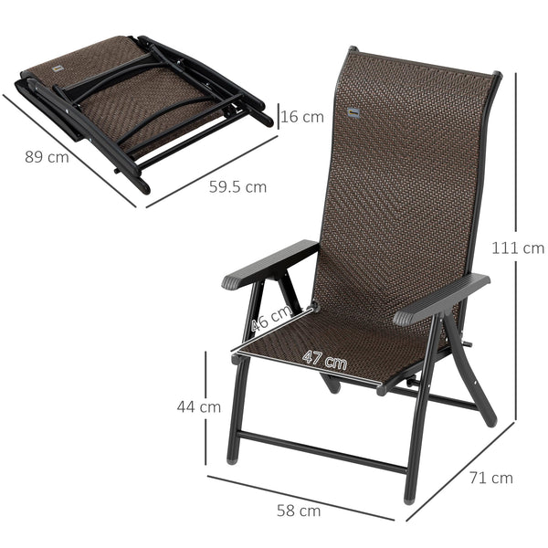 Outsunny Set of 2 Outdoor Wicker Folding Chairs, Patio PE Rattan Dining Armrests Chair set with 7 Levels Adjustable Backrest, for Outdoors, Camping, Brown