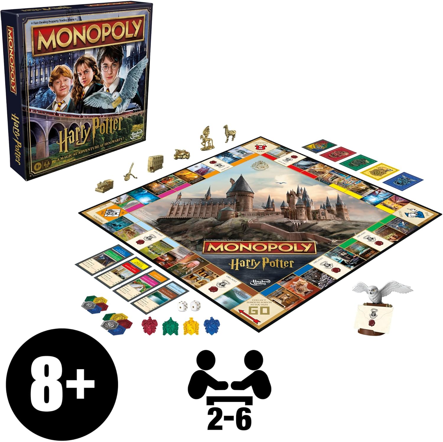 Monopoly Harry Potter Edition Board Game for Kids 8+, Strategy Family Game with Hogwarts Locations, Golden Tokens, House Cards & Owl Post, 2–6 Players, For Kids & Familes