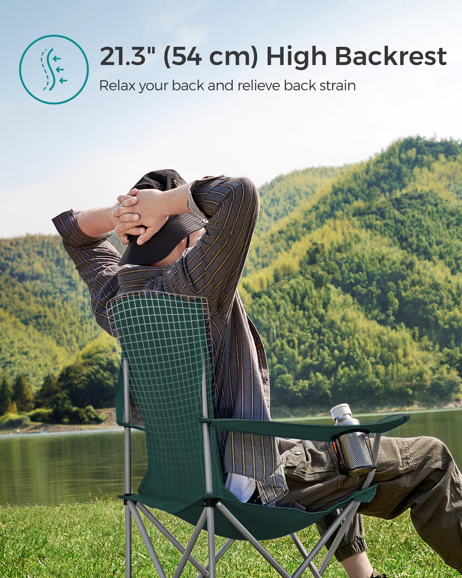 SONGMICS Set of 2 Folding Chairs, Camping Chairs, Comfortable Heavy Duty Structure, Max. Load 150 kg, with Drink Holder, Outdoor Chair