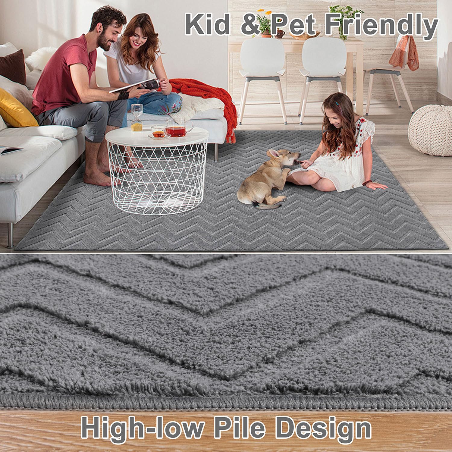 SHACOS Rugs Living Room 120 x 160 cm Modern Grey Area Rug Ultra Soft Fluffy Rug for Living Room Bedroom Non-Slip Washable Rug Geometric Design Floor