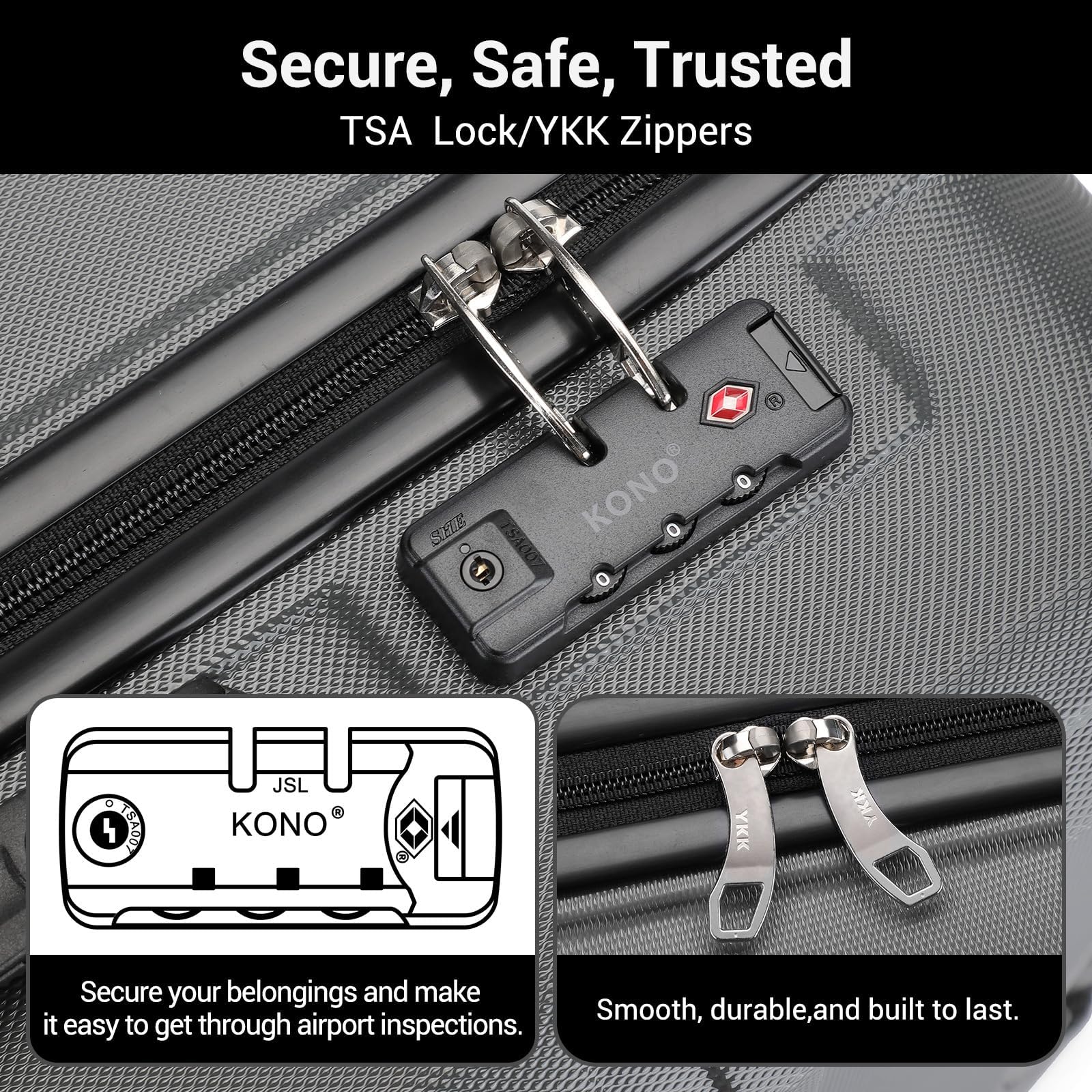 Kono Fashion Hand Luggage Lightweight ABS Hard Shell Trolley Travel Suitcase