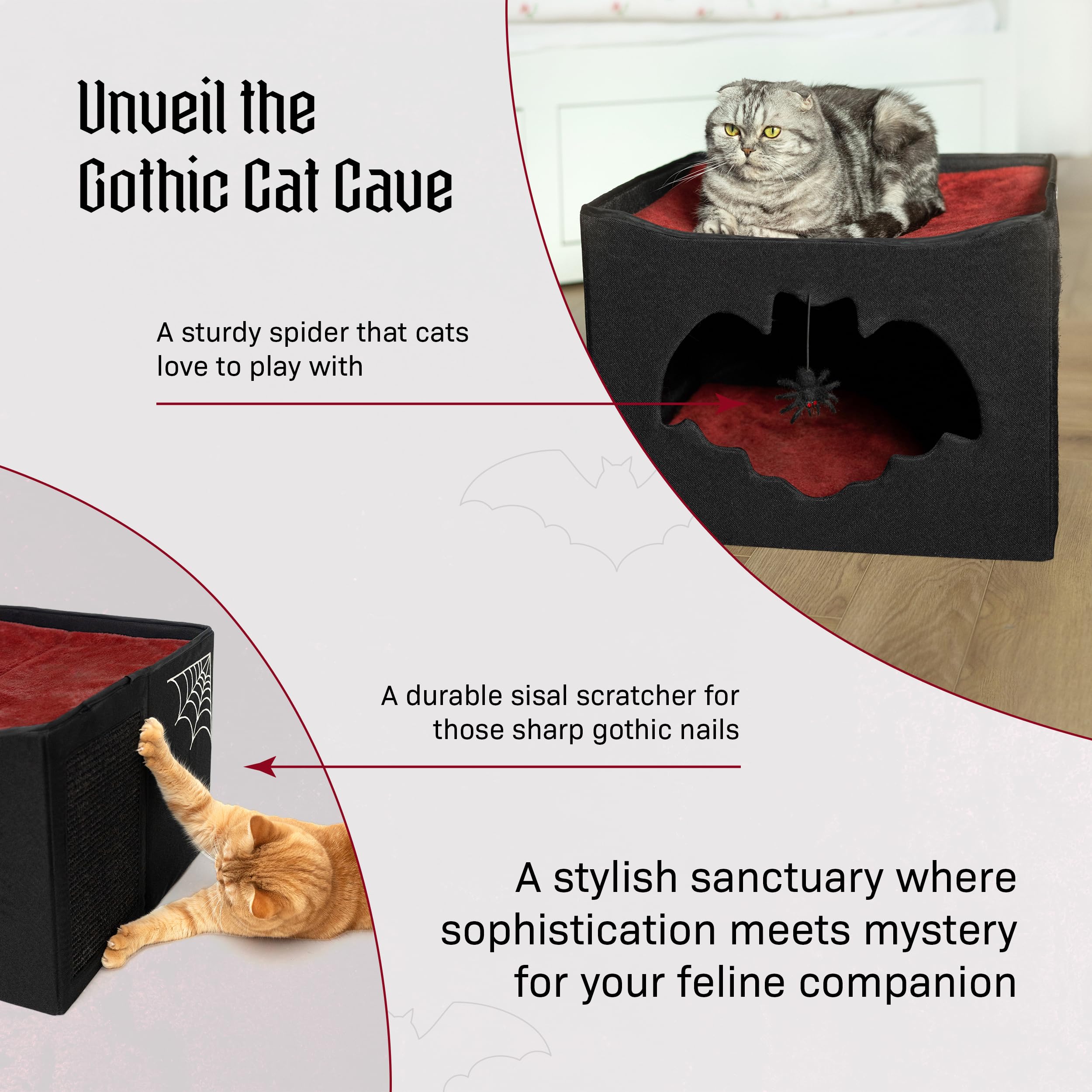 Gothic Cat Bed for Indoor Pets, Foldable Halloween House, 17x17x12.8, Bat Entry, Spider Toy, Scratch Pad, Soft Cushion, Gothic Style, Black & Red