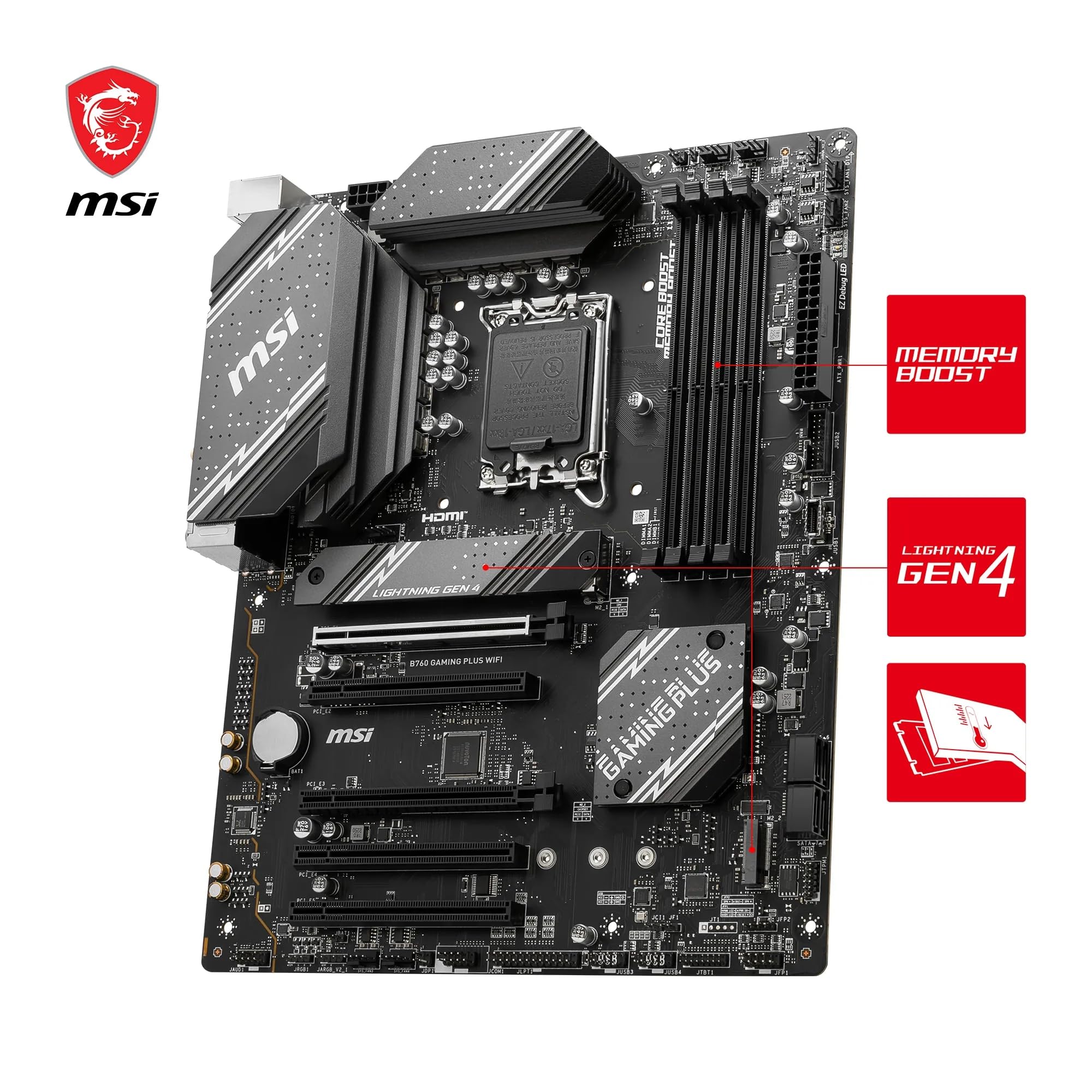 MSI B760 GAMING PLUS WIFI DDR4 Motherboard, ATX - Supports Intel 14th, 13th & 12th Gen Core Processors, LGA 1700 - DDR4 Memory Boost 5333+MHz/OC, 1x PCIe 4.0 x16, 2 x M.2 Gen4, 2.5G LAN, Wi-Fi 6E