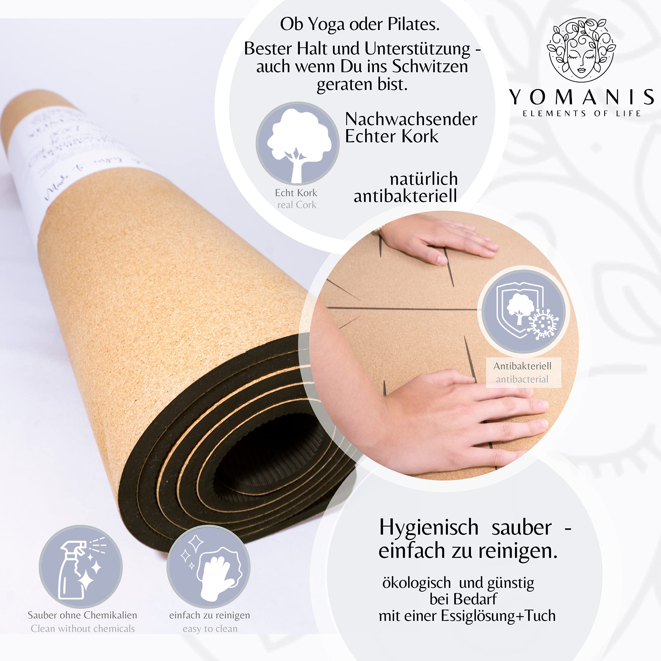YOMANIS XXLux Cork Yoga Mat Extra 80 cm Wide + 8 mm Thick Non-Slip Good Grip Cork Workout Premium Mat + Cotton Yoga Strap Can also be Used as a Carry