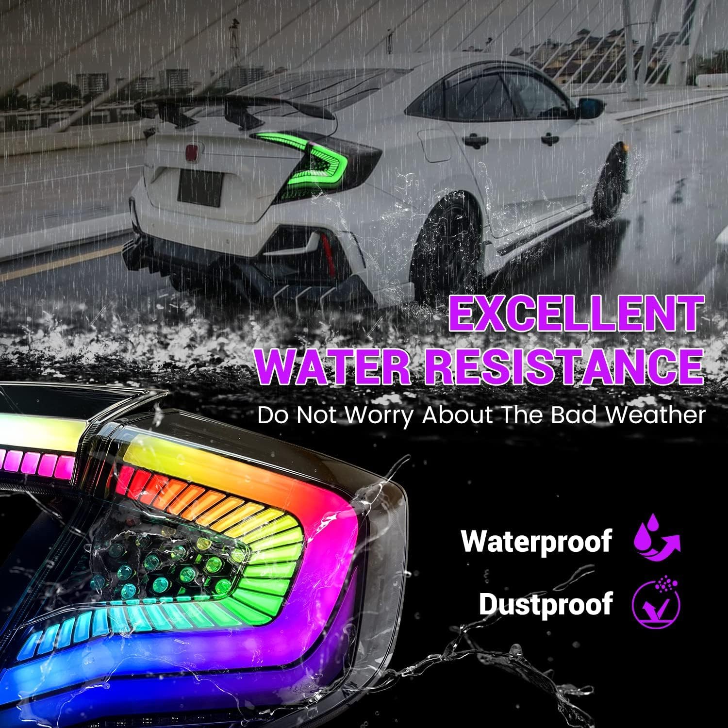 Archaic LED Rear Lights Compatible with 10th Honda Civic Type R Hatchback FK7 FK8 2016-2020, with Sequential Turn Signal, Animation DRL, Pair