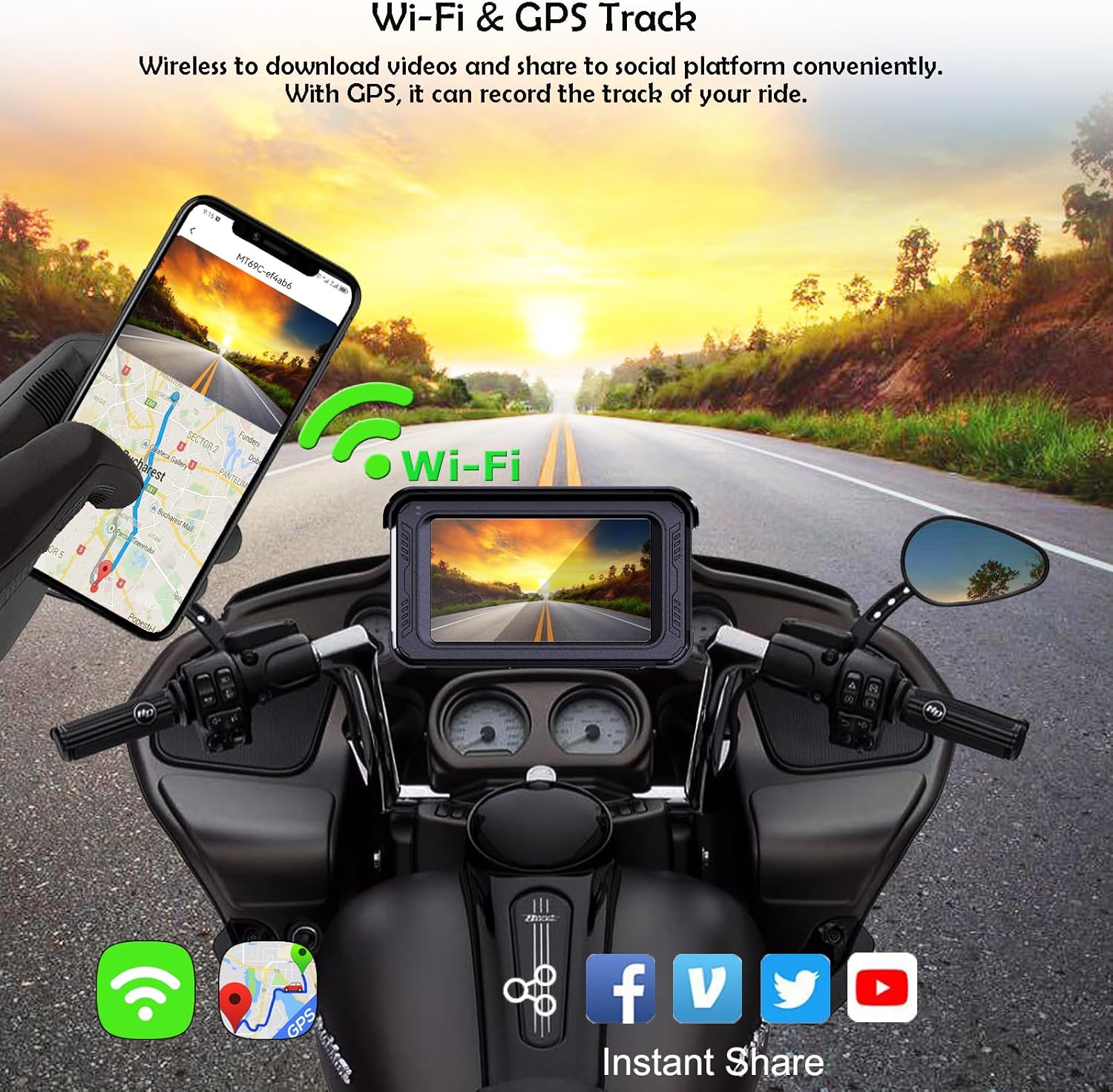 Waterproof Motorcycle Dash Cam with Wireless CarPlay & Android Auto, 5'' IPS Touch Screen, Front and Rear Camera HD 1080P, TPMS, Bluetooth, Wi-Fi, GPS, Max up to 256GB