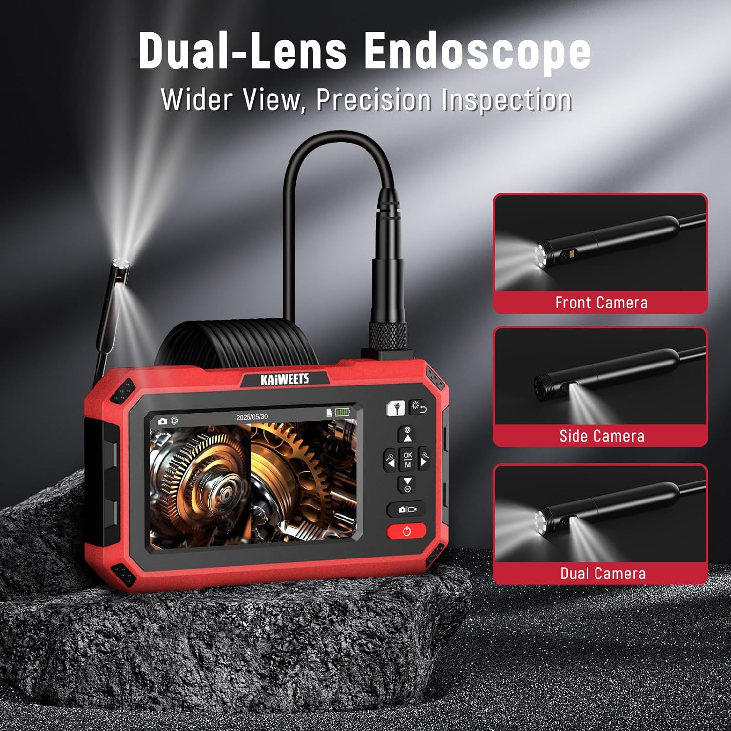 Endoscope Endoscope Camera Dual Lens, KAIWEETS 1920P 5" IPS Split-Screen Display Inspection Cameras with Light, 6.9mm IP67 Waterproof Borescope, 16.5FT Detachable Semi-Rigid Cable, Gadgets for Men