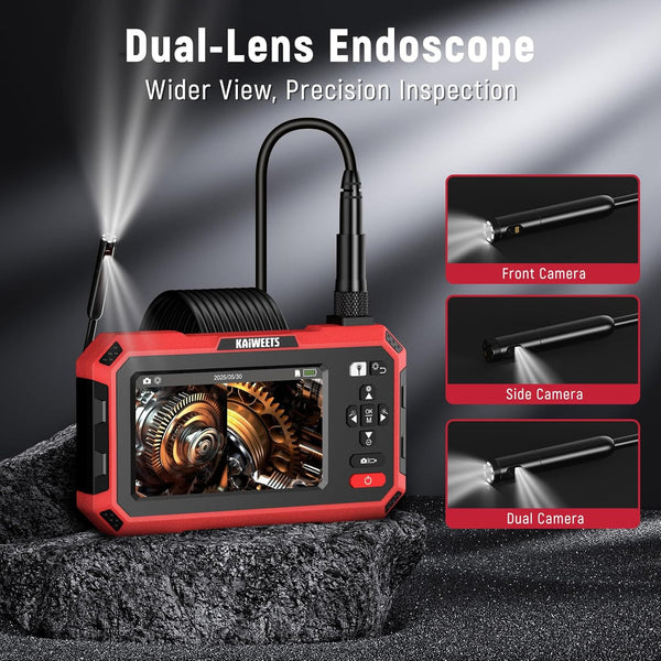 Endoscope Endoscope Camera Dual Lens, KAIWEETS 1920P 5" IPS Split-Screen Display Inspection Cameras with Light, 6.9mm IP67 Waterproof Borescope, 16.5FT Detachable Semi-Rigid Cable, Gadgets for Men