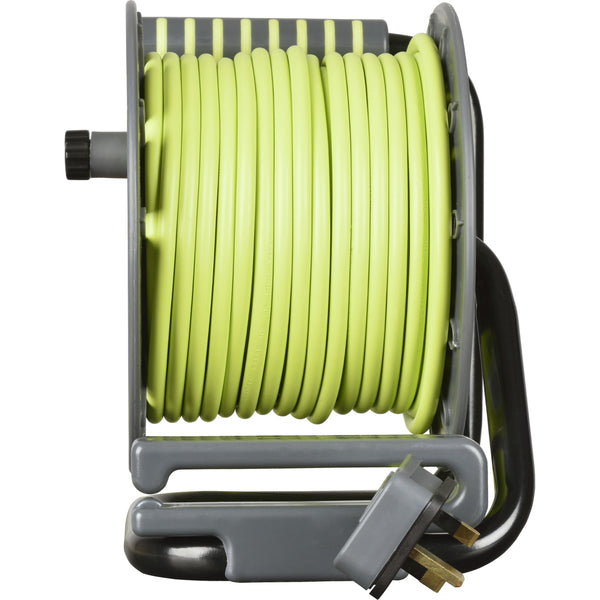 Masterplug Pro-XT Four Socket Open Cable Reel Extension Lead with Winding Handle, Thermal Cut Out and Power Switch, 25 Metres High Visibility Cable , Green