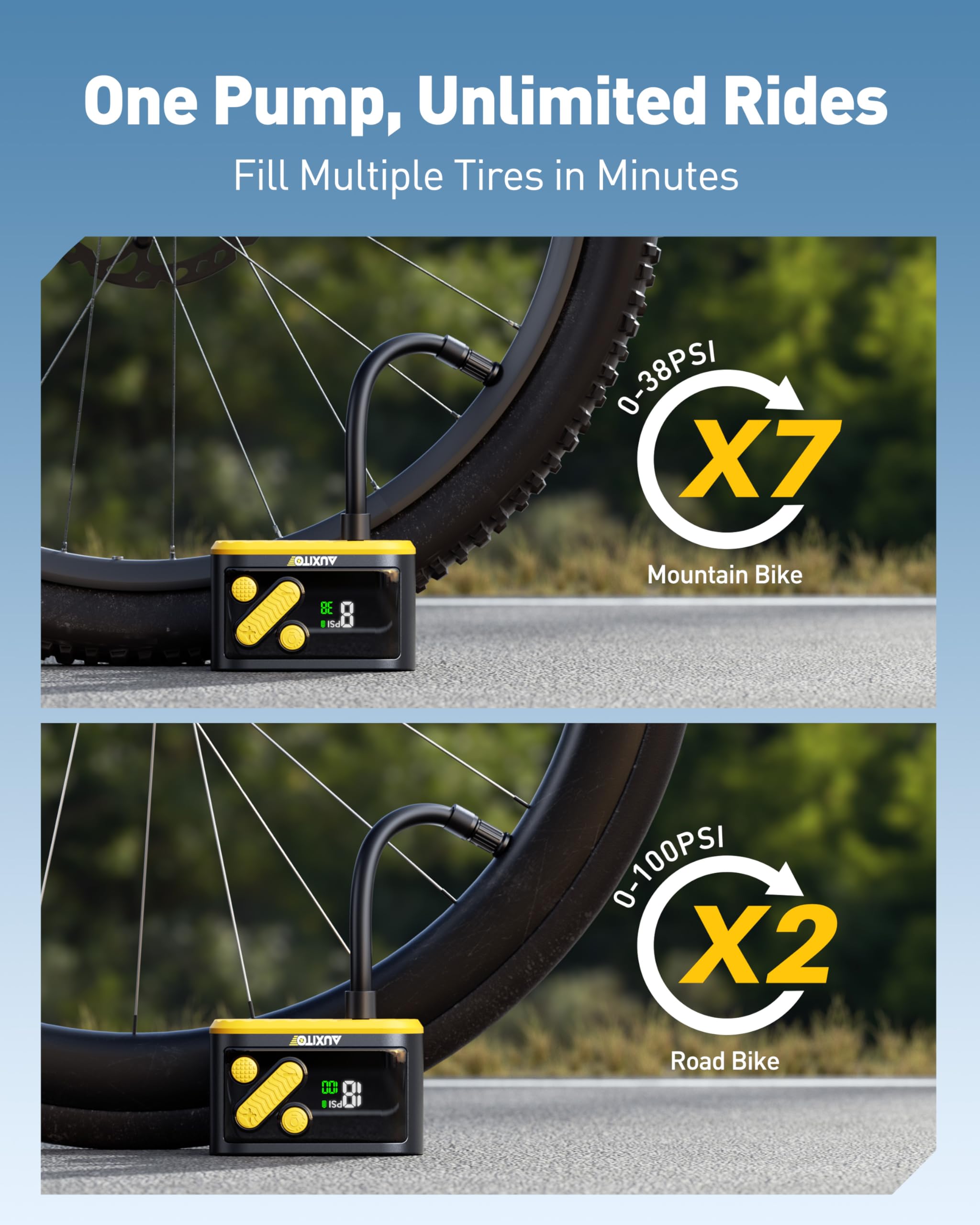 AUXITO Bike Pump,Mini Electric Bicycle Pump with Guage 20s Fast Inflate,120PSI Bike Tire Pump with Presta & Schrader Valve Adaptor, Bike Accessories for Road Mountain Bike, E-Bike, Motorcycle