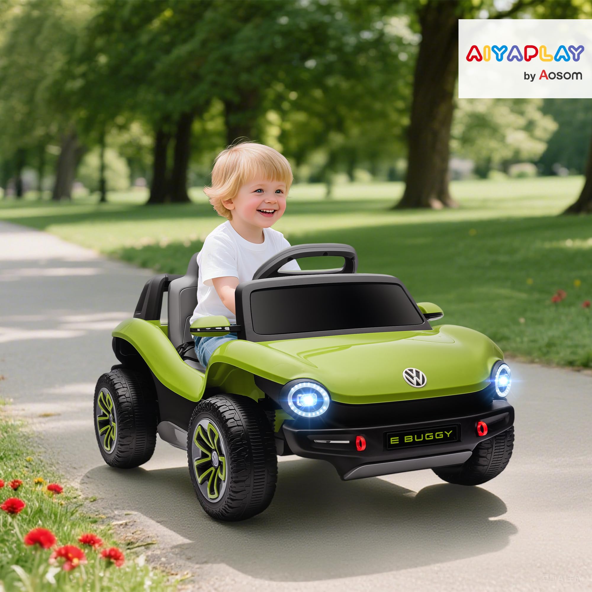 AIYAPLAY Volkswagen E-Buggy Licensed Electric Car for Kids, 12V Kids Electric Ride on with Remote Control, Suspension, Slow Start, LED Lights, USB, Music, Horn, for Ages 3-6 Years, Pink