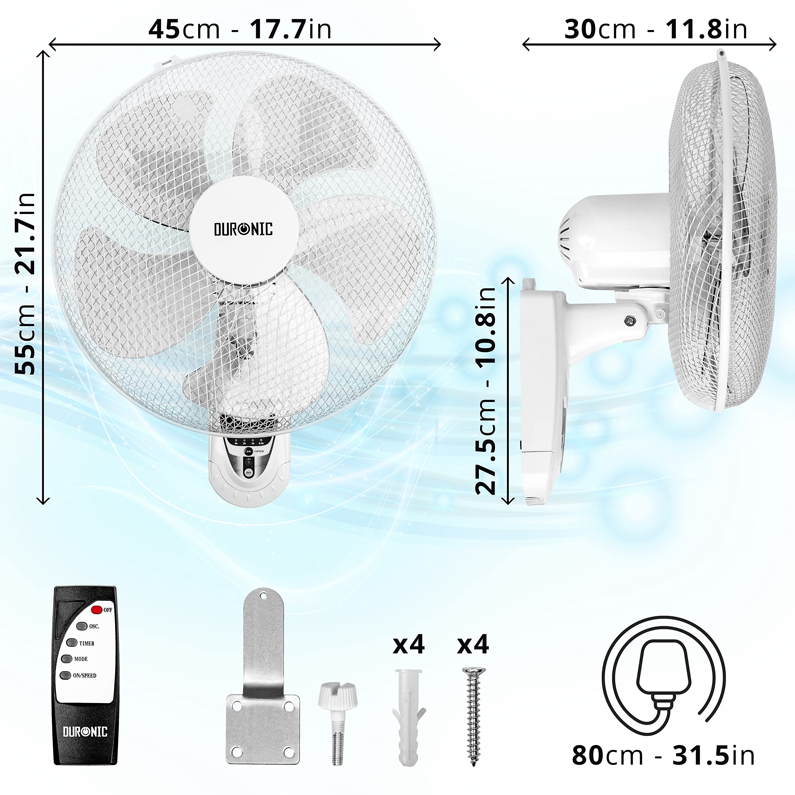 Duronic FN55 WE Wall Fan 60W 5 Blades, 40 cm Oscillating Head with Timer 3 Speeds Remote Control Powerful and Silent Motor Sliding Wall Bracket