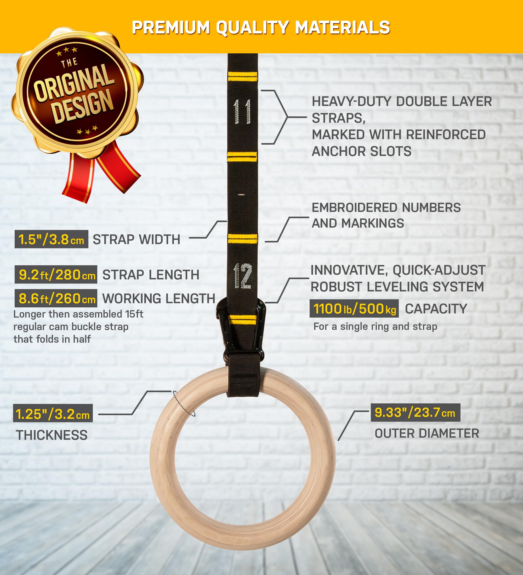 Double Circle Wood Gymnastic Rings with Quick Adjust Numbered Straps and Exercise Videos Guide for Full Body Workout, Calisthenics, and Home Gym