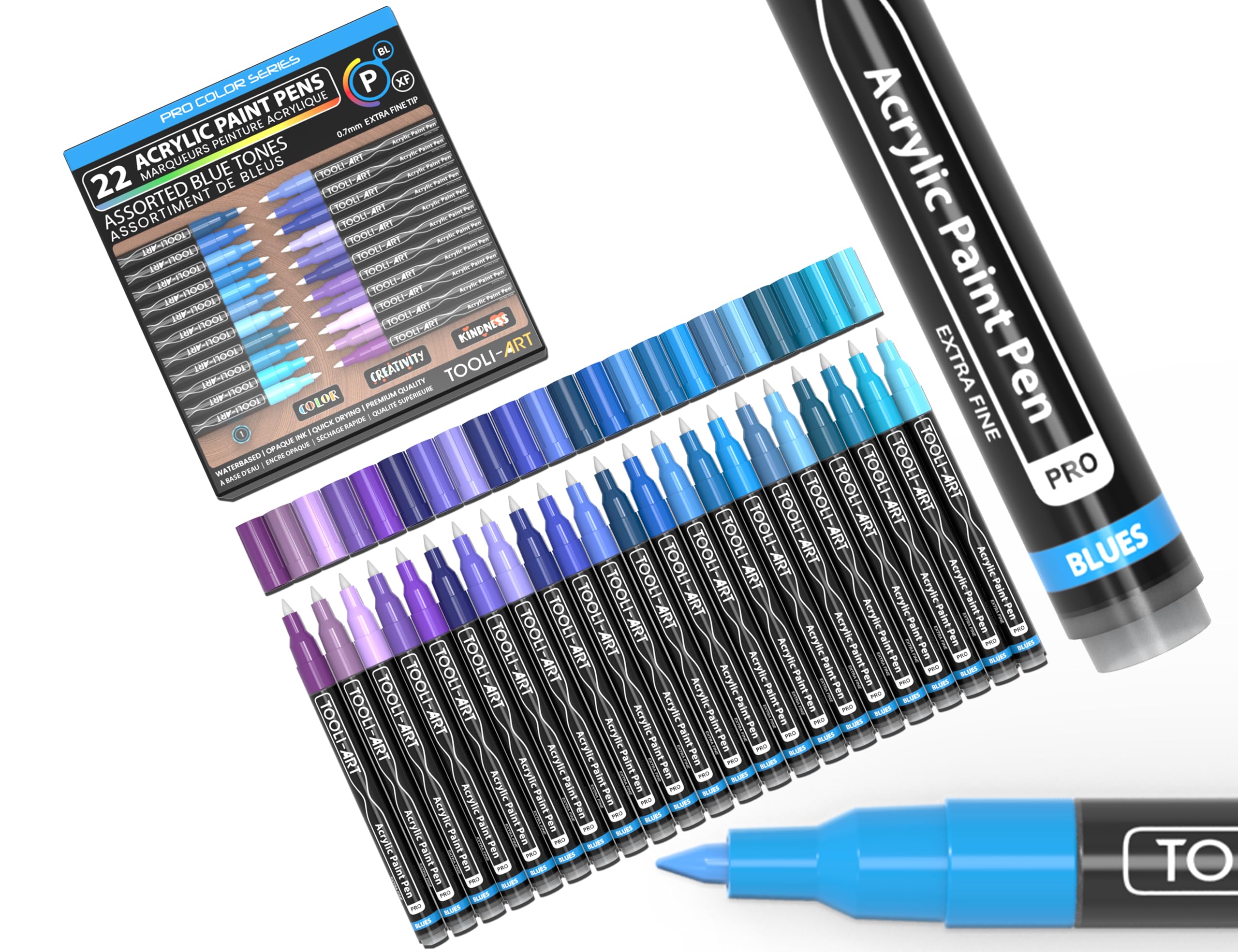 Acrylic Paint Pens 22 Blue & Purple Tones Assorted Pro Colour Series Markers Set 0.7mm Extra Fine Tip for Rock Painting, Glass, Mugs, Wood, Metal,