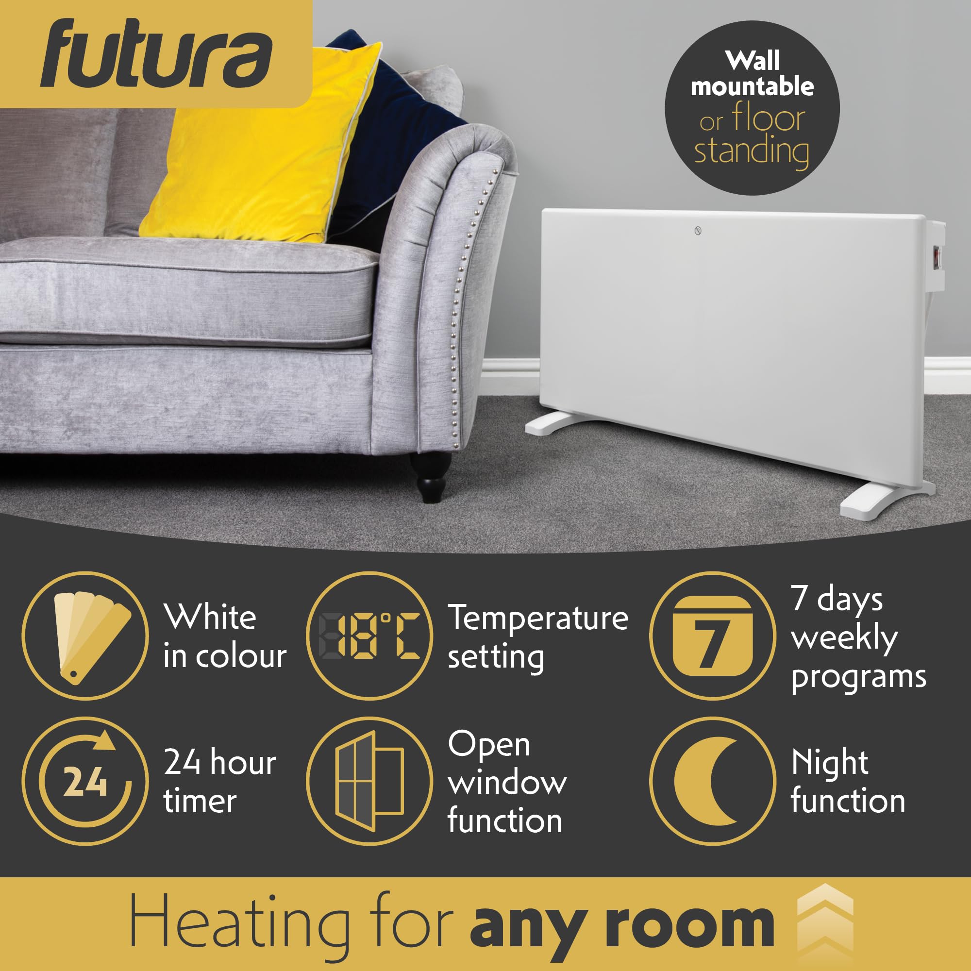Futura 2000W Grey Electric Radiator Heaters for Home, Bathroom Safe Electric Heater Setback Timer Lot 20 & Advanced Thermostat Control Wall Mounted or Floor Standing Low Energy Panel Heater
