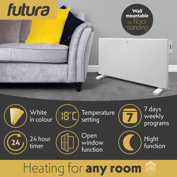 Futura 2000W Grey Electric Radiator Heaters for Home, Bathroom Safe Electric Heater Setback Timer Lot 20 & Advanced Thermostat Control Wall Mounted or Floor Standing Low Energy Panel Heater