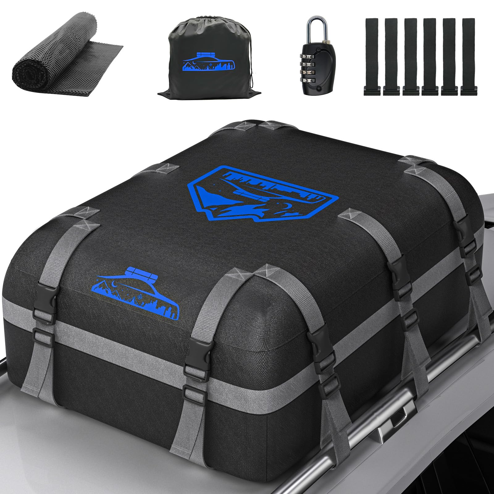 Rymopuey Roof Bag 15 Cubic/425 L, Waterproof Car Roof Bag No Rack Needed, Roof Box with Anti-Slip Mat and 6 Heavy-Duty Straps, Folding Soft Car Roof Box for Cars with/Without Rack (Blue 425 L)