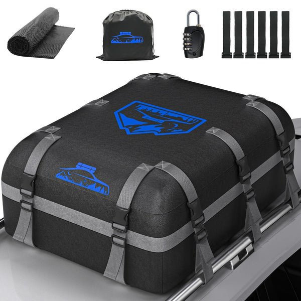 Rymopuey Roof Bag 15 Cubic/425 L, Waterproof Car Roof Bag No Rack Needed, Roof Box with Anti-Slip Mat and 6 Heavy-Duty Straps, Folding Soft Car Roof Box for Cars with/Without Rack (Blue 425 L)