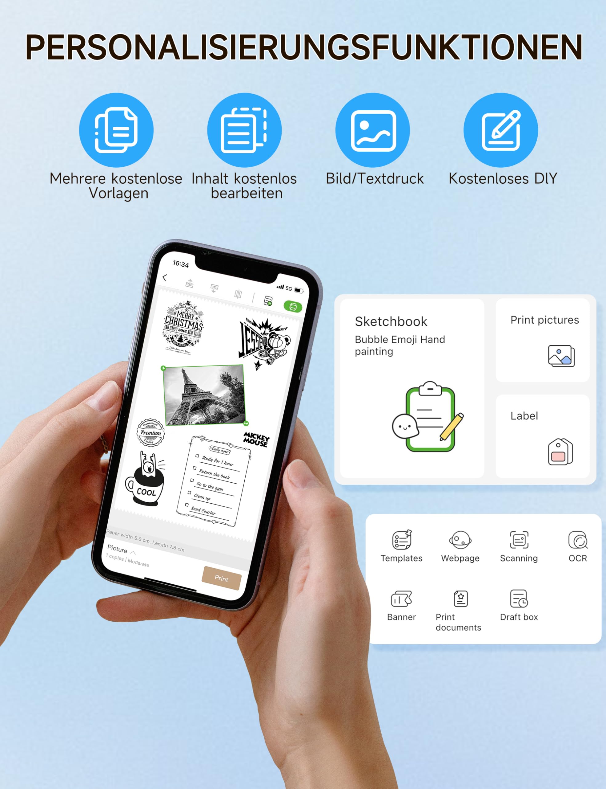iDPRT Mini Portable Sticker Thermal Printer for Study Notes Pictures DIY Labels, Study Notes, Photos