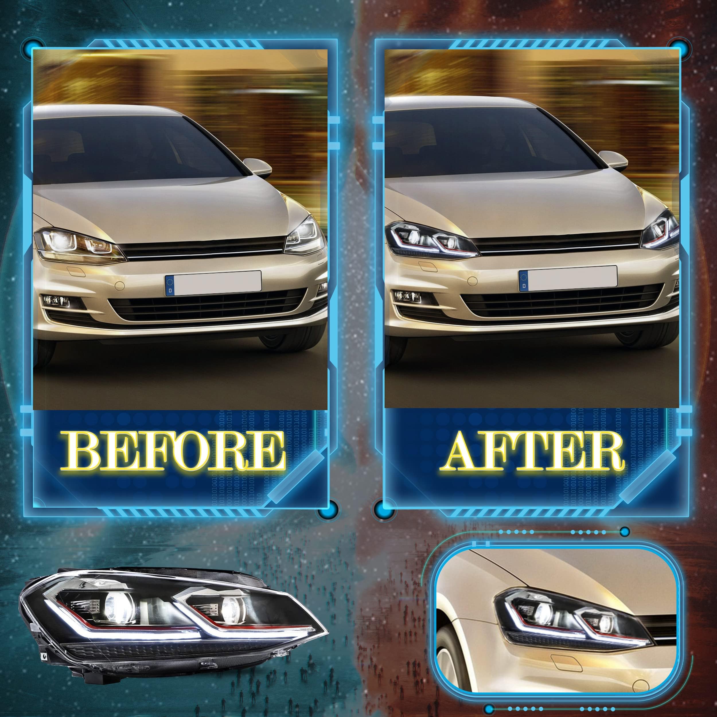 VLAND Headlights Compatible with Golf 7 MK7 TDI TSI 2013-2017, Front Lights with Sequential Indicator, Red Line Headlamps