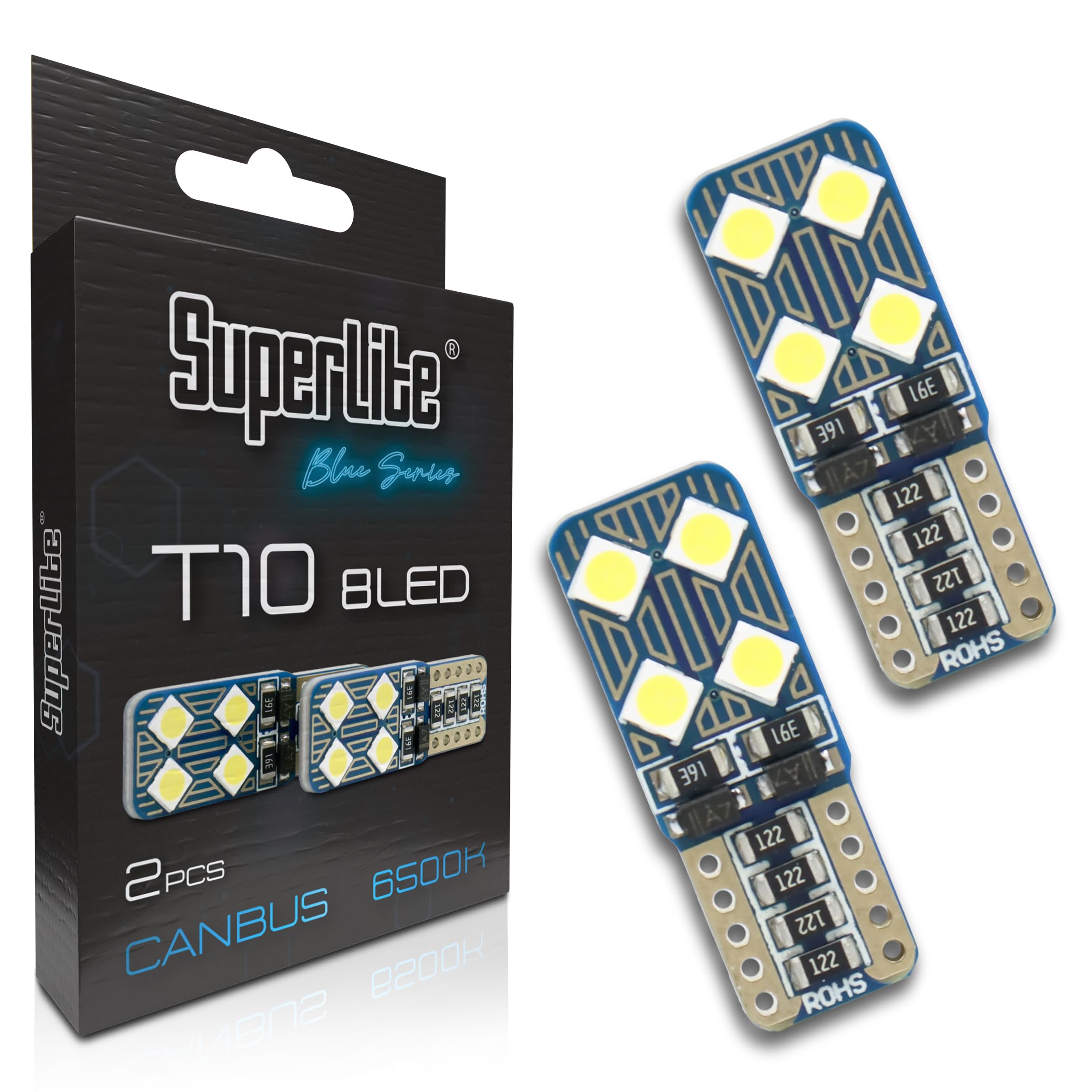 Superlite Set of 2 T10 Bulbs with 18 Leds from the Blue Series range. CanBus Technology and 6500K Colour Temperature. Ideal for Car and Truck.
