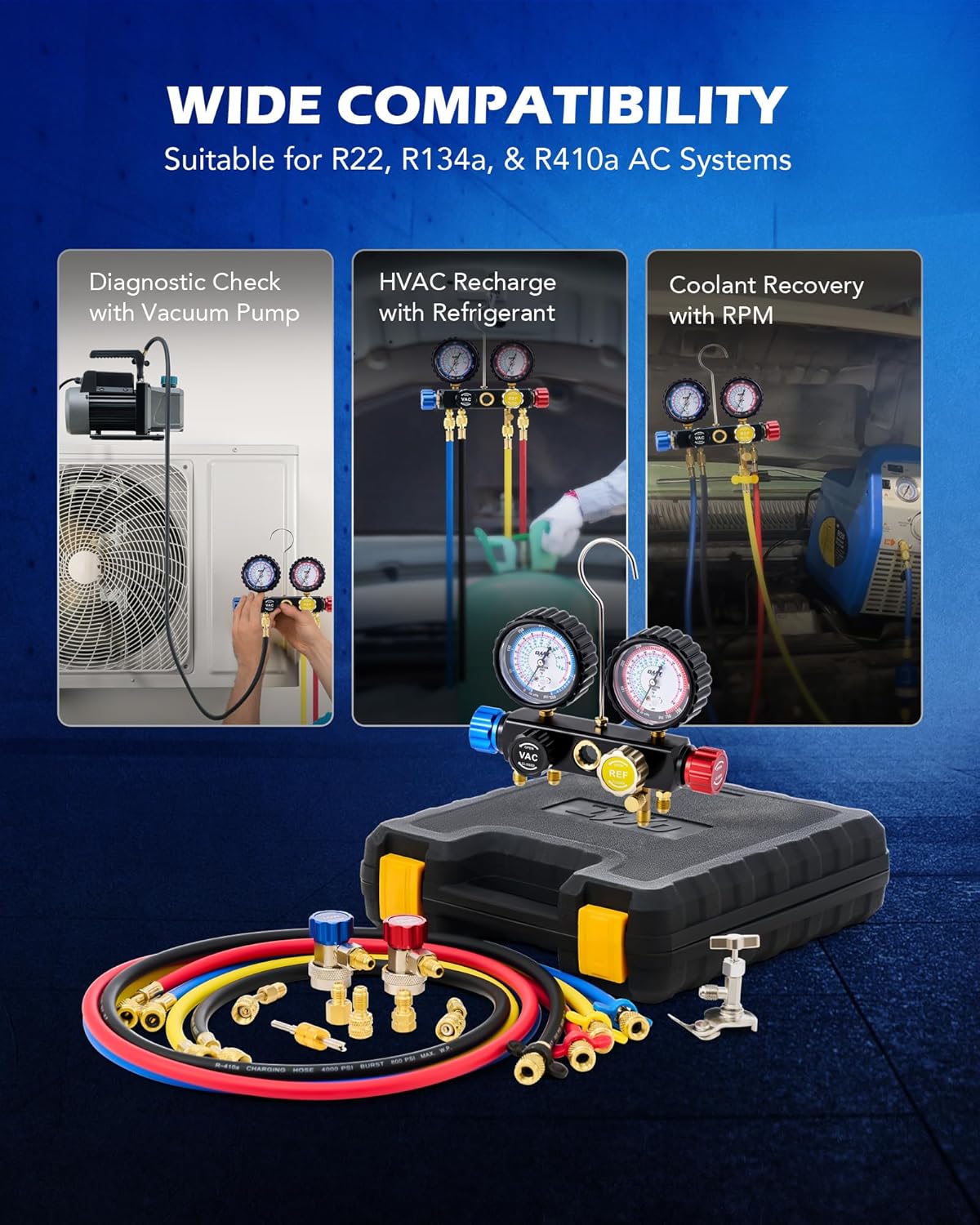 Orion Motor Tech AC Manifold Gauge Set for R410a R22 R134a Refrigerant, 4 Valve Automotive AC Gauge Set with Antishock Gauges Hoses Couplers Adapters, Puncturing Can Tap Freon Recharge Kit, Black Case