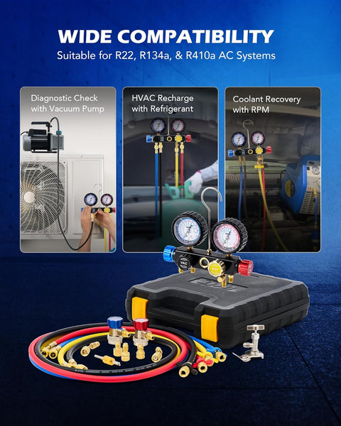 Orion Motor Tech AC Manifold Gauge Set for R410a R22 R134a Refrigerant, 4 Valve Automotive AC Gauge Set with Antishock Gauges Hoses Couplers Adapters, Puncturing Can Tap Freon Recharge Kit, Black Case