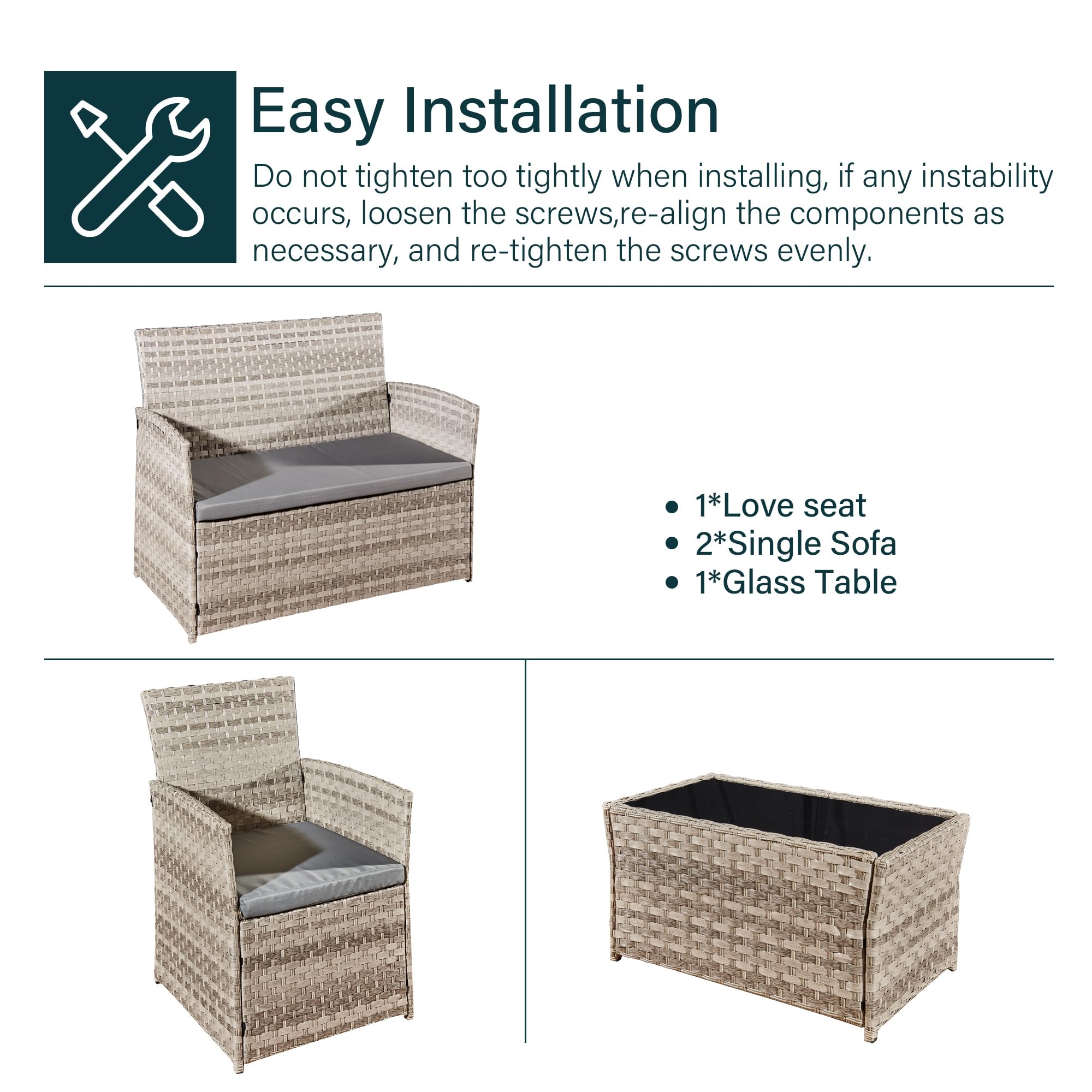 4 Piece Rattan Garden Furniture Sets, Patio Conservatory Set, Include Rattan loveset Sofa, Chair, Glass Coffee Table