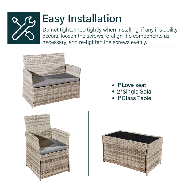 4 Piece Rattan Garden Furniture Sets, Patio Conservatory Set, Include Rattan loveset Sofa, Chair, Glass Coffee Table