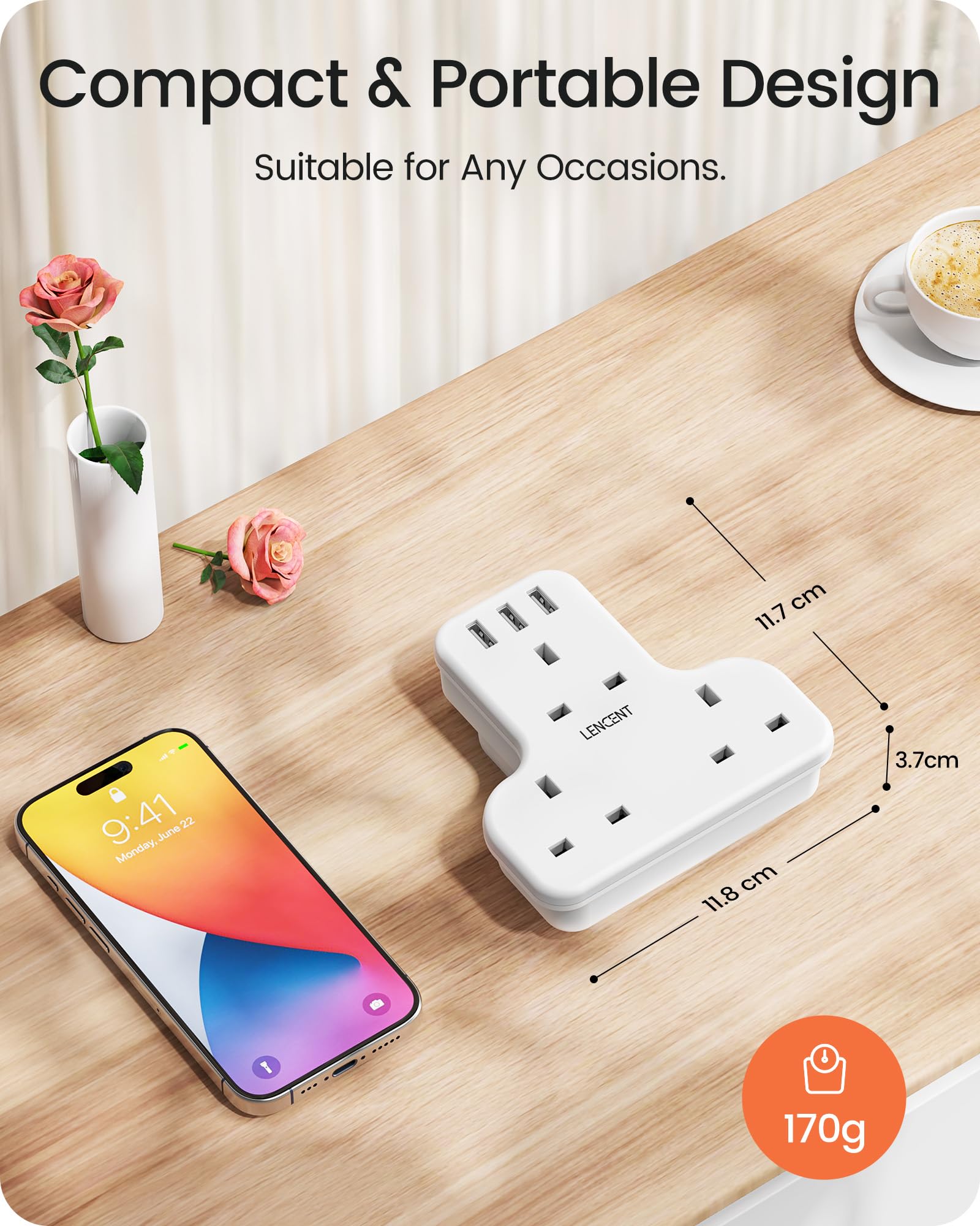 LENCENT Plug Extension Socket, 3 Way Multi Plug Socket with 3 USB Ports, Power Extender Wall Adaptor for Household Appliances, Iphone, Smartphone, Tablet, Home, Office, Bedroom, 13A 3250W