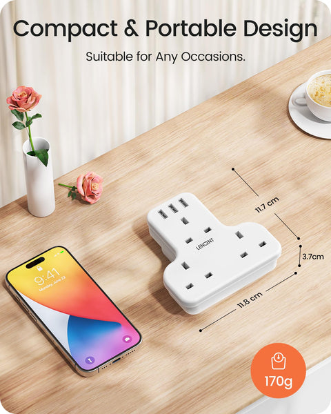 LENCENT Plug Extension Socket, 3 Way Multi Plug Socket with 3 USB Ports, Power Extender Wall Adaptor for Household Appliances, Iphone, Smartphone, Tablet, Home, Office, Bedroom, 13A 3250W