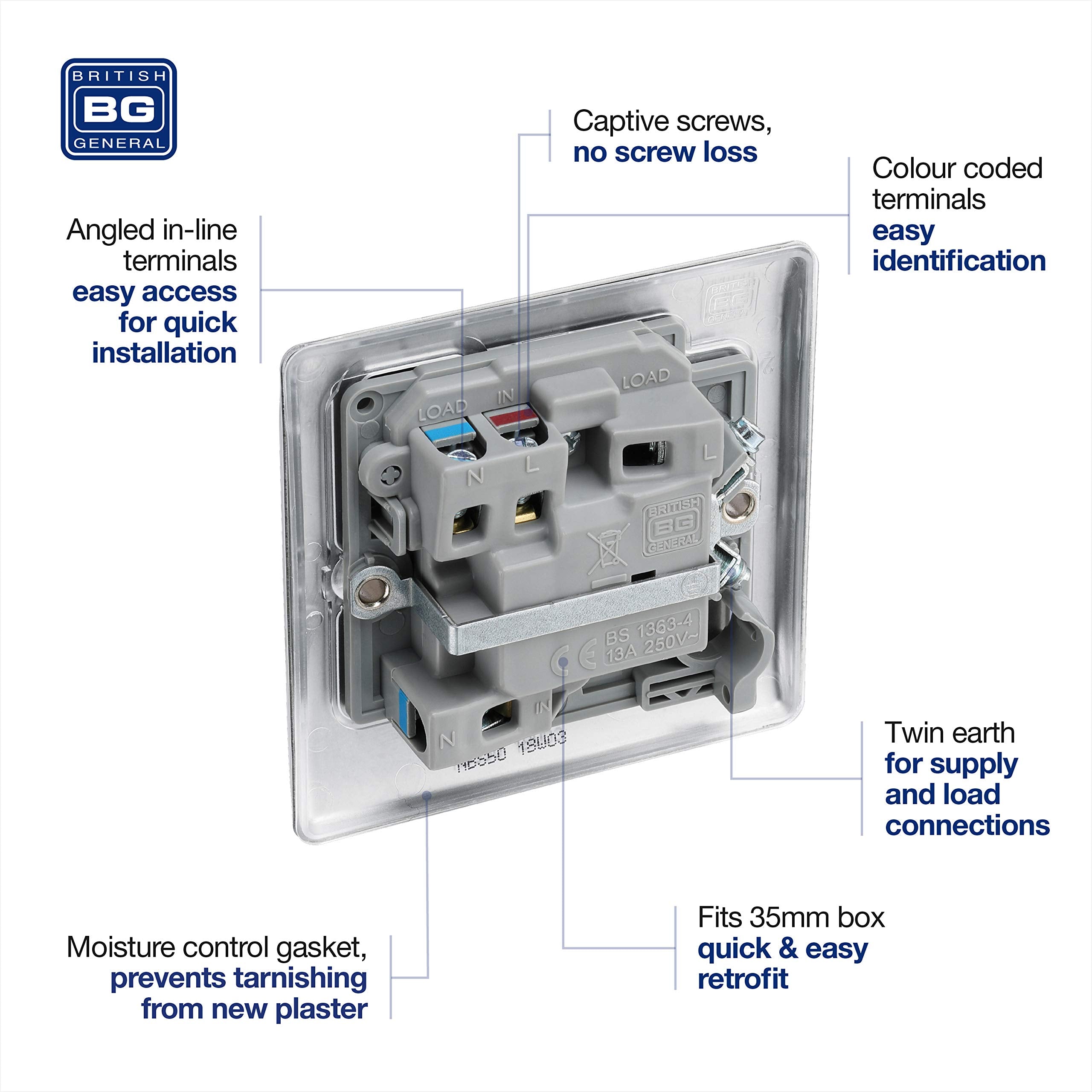 BG Electrical Cooker Switch with Socket and LED, Cooker Control Unit, Control Socket, Double Pole, Raised Profile, Round Edges, Nexus Metal, Brushed Steel, Grey Inserts, 45A, NBS70G