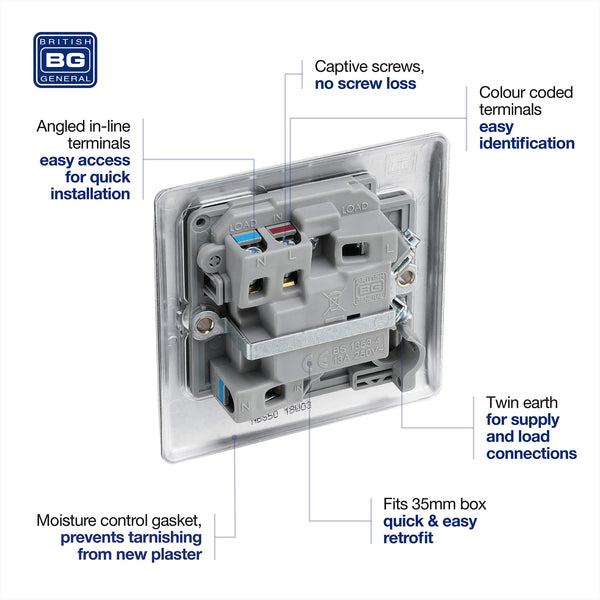 BG Electrical Cooker Switch with Socket and LED, Cooker Control Unit, Control Socket, Double Pole, Raised Profile, Round Edges, Nexus Metal, Brushed Steel, Grey Inserts, 45A, NBS70G