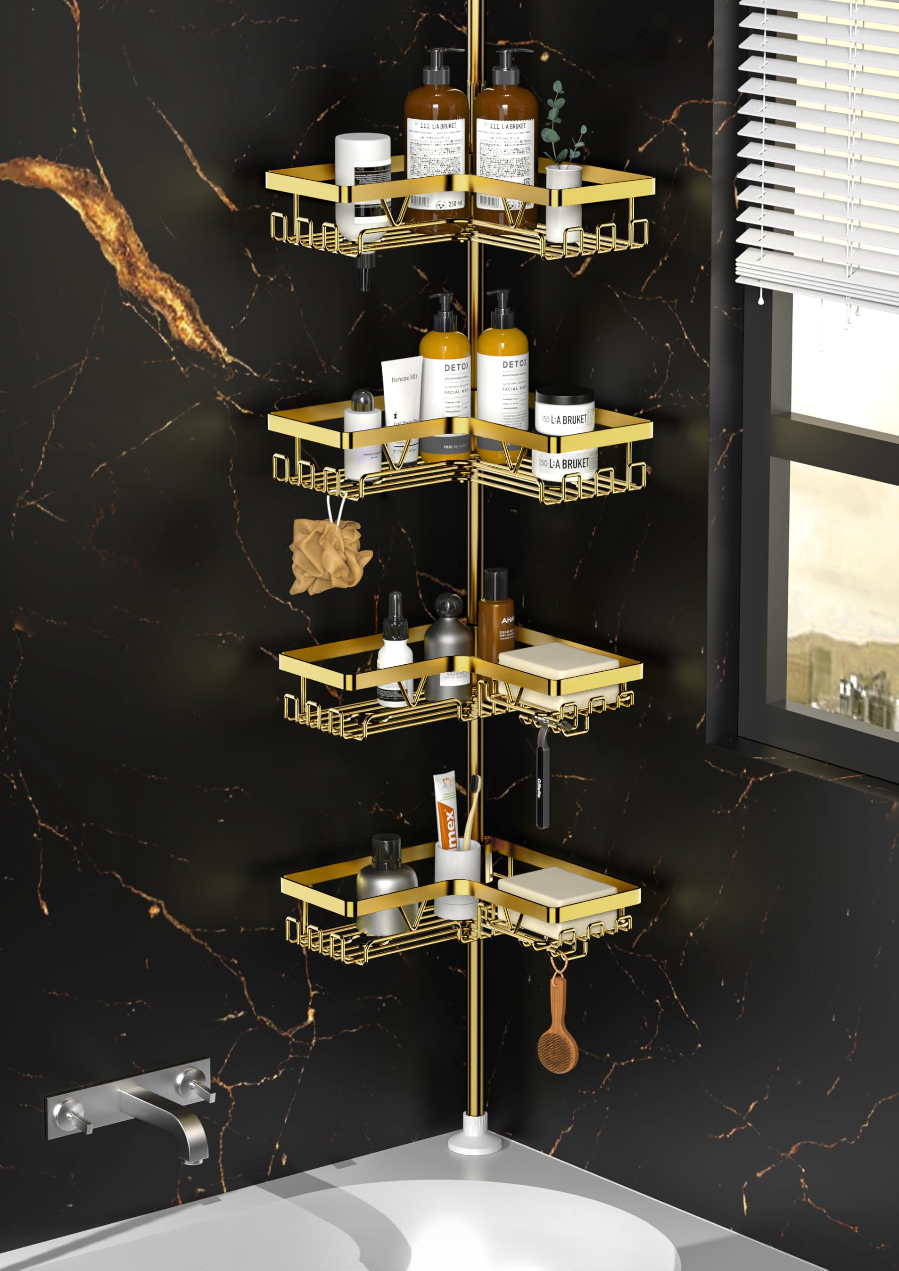 Kegii Telescopic Shower Caddy Corner - Stainless Steel Shower Shelf No Drilling Bathroom Caddy with Soap Holder and Hooks(White), On The Bath or Stand Up Shower