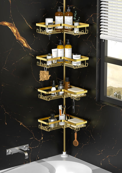 Kegii Telescopic Shower Caddy Corner - Stainless Steel Shower Shelf No Drilling Bathroom Caddy with Soap Holder and Hooks(White), On The Bath or Stand Up Shower