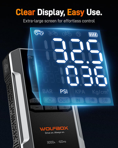 WOLFBOX 4000A Jump Starter Power Pack with 160PSI Air Compressor, 12V Car Battery Booster Jump Starter,65W Fast Charge, 24000mAh Portable Tire Inflator(10L Gas 10L Diesel Engines),LED Light,Jump Leads