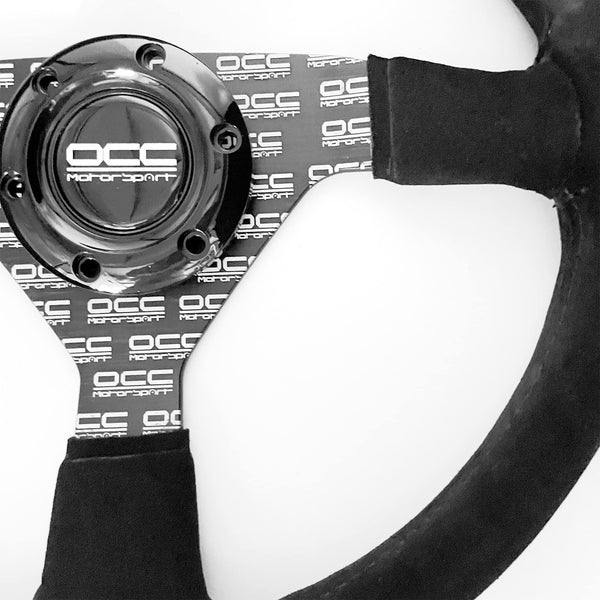 OCC MOTORSPORT OFFSET STEERING WHEEL CLASSIC MODEL PERFORATED LEATHER WITH BLACK ARMS - 90 MM FULL DISH WHEEL - 350MM (14 INCH)