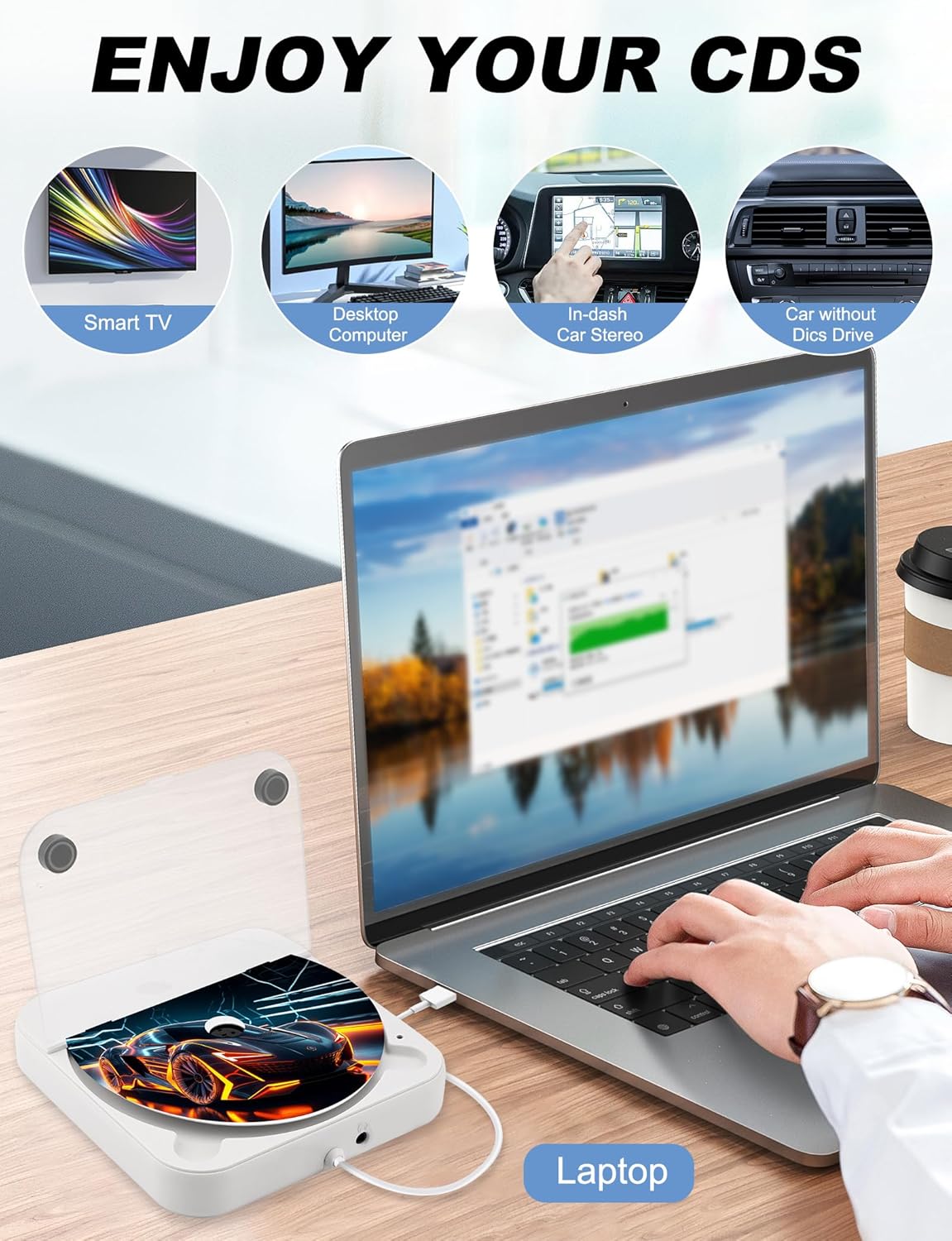 External Portable CD Player for Car, Car CD-Player USB Plug and Play, AUX Port, USB Extension Cable, Universal usb CD Car Player for Vehicle, Laptop, TV, Computer, Android 4.4 and Above Navigation