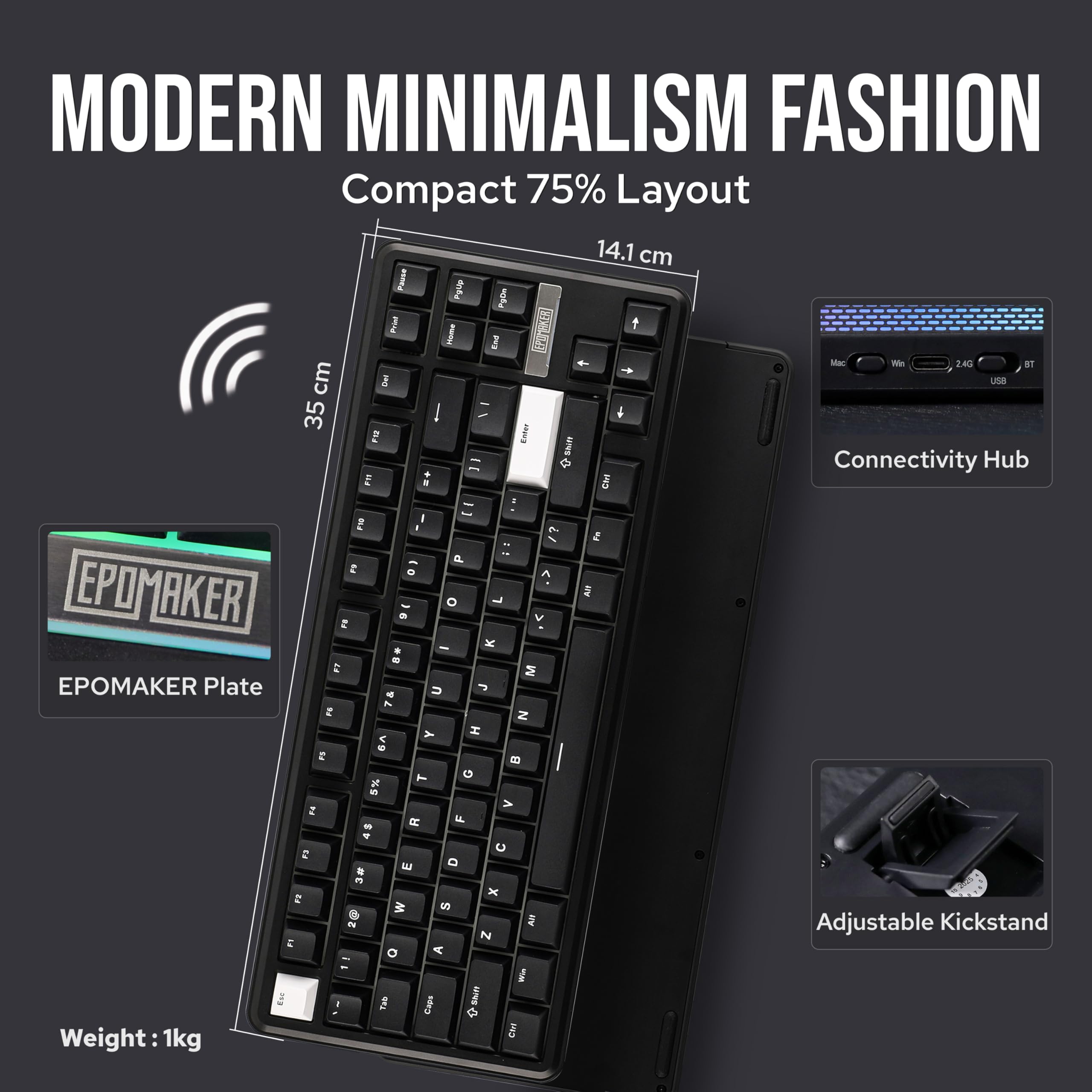 EPOMAKER TH85 QMK/VIA Mechanical Gaming Keyboard, BT/2.4Ghz Wireless, RGB, Hot-Swappable & Programmable Keys in US 75% Layout (Black&White, Creamy Jade Switch)