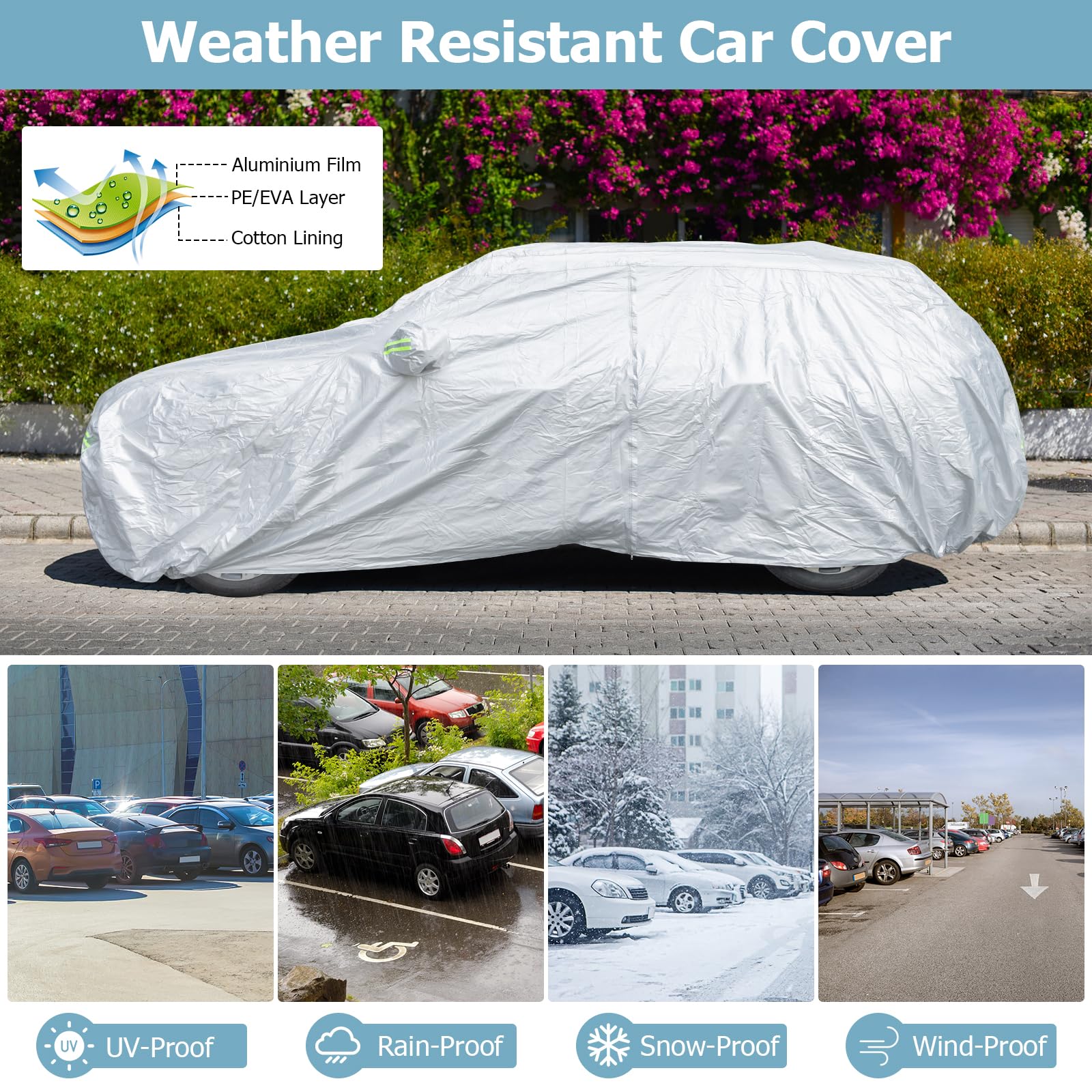 COSTWAY Car Cover Waterproof, Universal Full Car Cover with Zipper Door, Reflective Strips & Storage Bag, All Weather Windproof Snowproof UV Protection (Fit Sedan, Length Up to 190”(482cm))