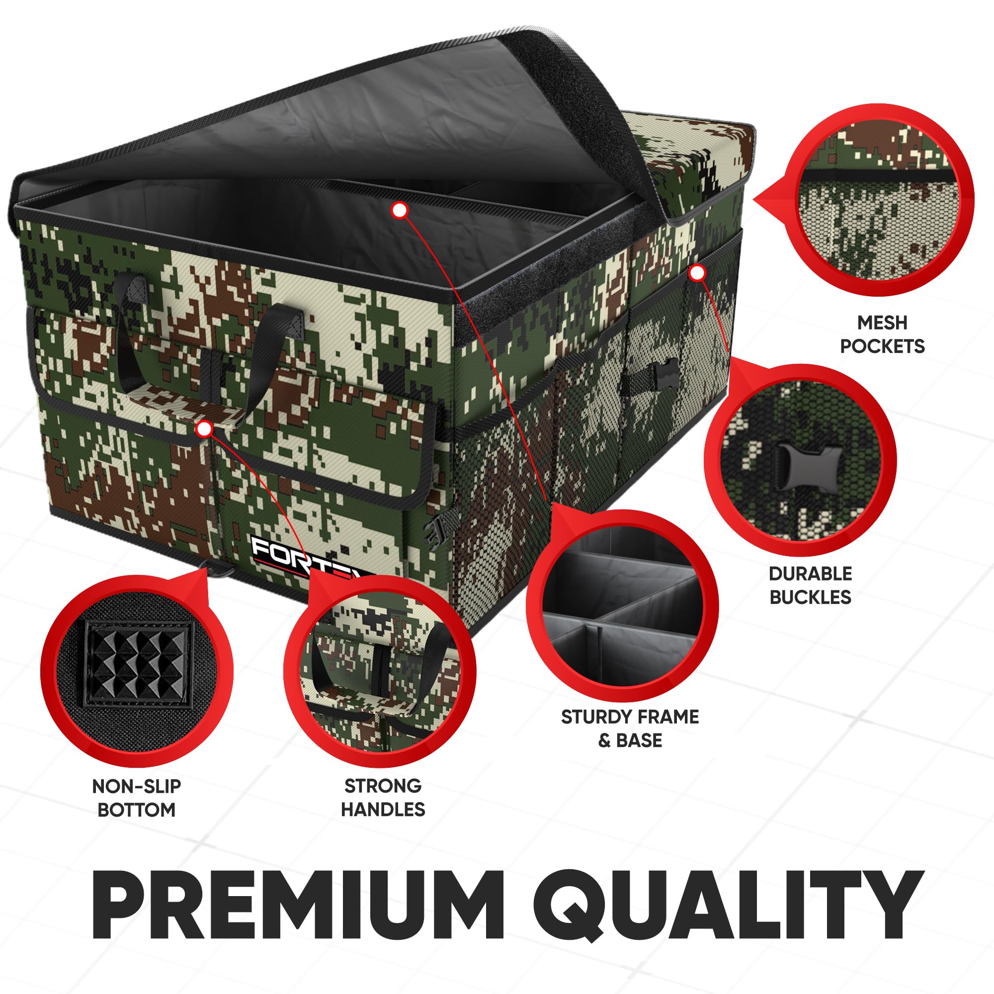 FORTEM Car Boot Organiser, Collapsible Multi Compartment SUV Organizer, Foldable Storage for Car Accessories for Women Men, 600D Oxford, Non Slip Bottom, Securing Straps, Soft Cover (50L)