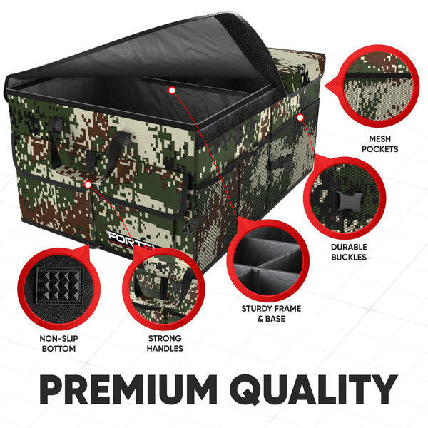 FORTEM Car Boot Organiser, Collapsible Multi Compartment SUV Organizer, Foldable Storage for Car Accessories for Women Men, 600D Oxford, Non Slip Bottom, Securing Straps, Soft Cover (50L)